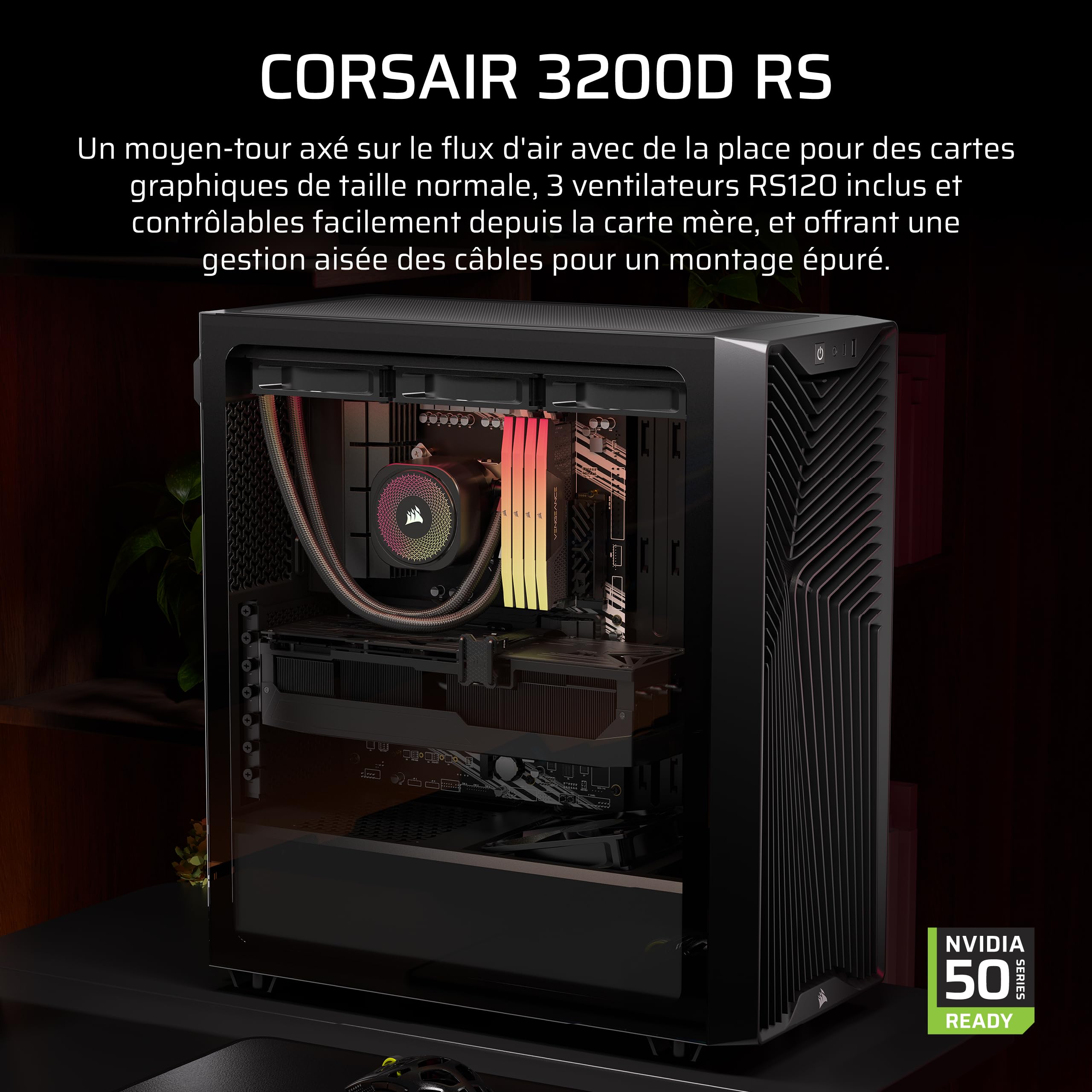 CORSAIR 3200D RS Boîtier PC Moyen Tour, 3 Ventilateurs RS120 Inclus – Noir | Airflow Élevé, Compatible Radiateur 360 mm, Usb-C, Panneau en Verre Trempé, Compatible Cartes Mères À Connexion Inversée