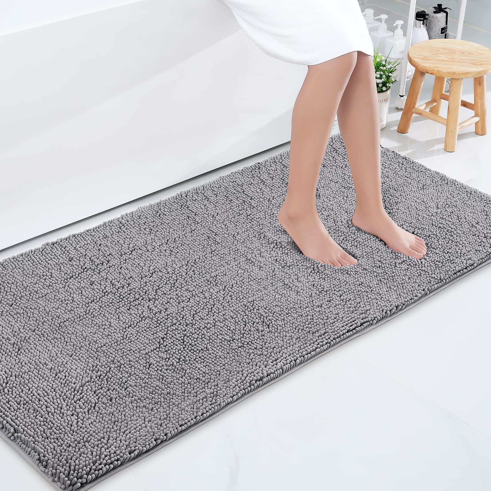 Smiry Luxury Chenille Bath Rug, Extra Soft and Absorbent Shaggy Bathroom Mat Rugs, Machine Washable, Non-Slip Plush Carpet Runner for Tub, Shower, and Bath Room(59''x24'', Grey)