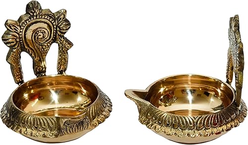 Miniatura 6 de Latón puro Shanku Chakra kuber Diya, 3 pulgadas, color latón, paquete de 1 par