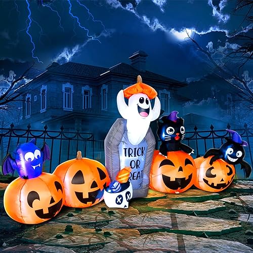 Miniatura 3 de DomKom Decoraciones inflables de Halloween de 8 pies, calabazas inflables y lápida, fantasma, gato, murciélago, araña, luces LED, decoración de
