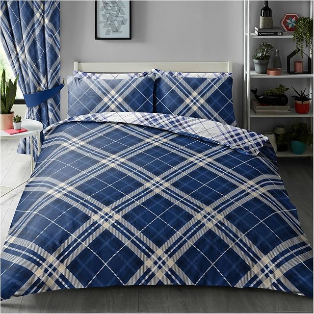 Super Dreamer Soft Tartan Duvet Cover With Fitted Sheet Set, Reversible 4 Pc Bedding Sets King Size, Complete Bed Set, Blue, 714866