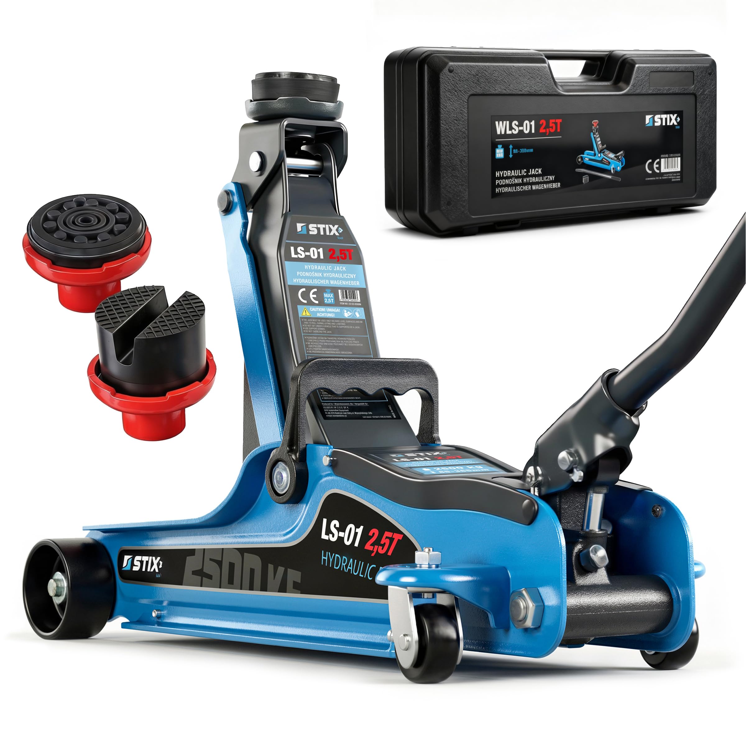 STIX Hydraulischer Wagenheber 2,5T - Extra Flacher Rangierwagenheber 85-365 mm - Mit Transportkoffer, Gummiauflagen & SUV Adapter - Autoheber für PKW & SUV