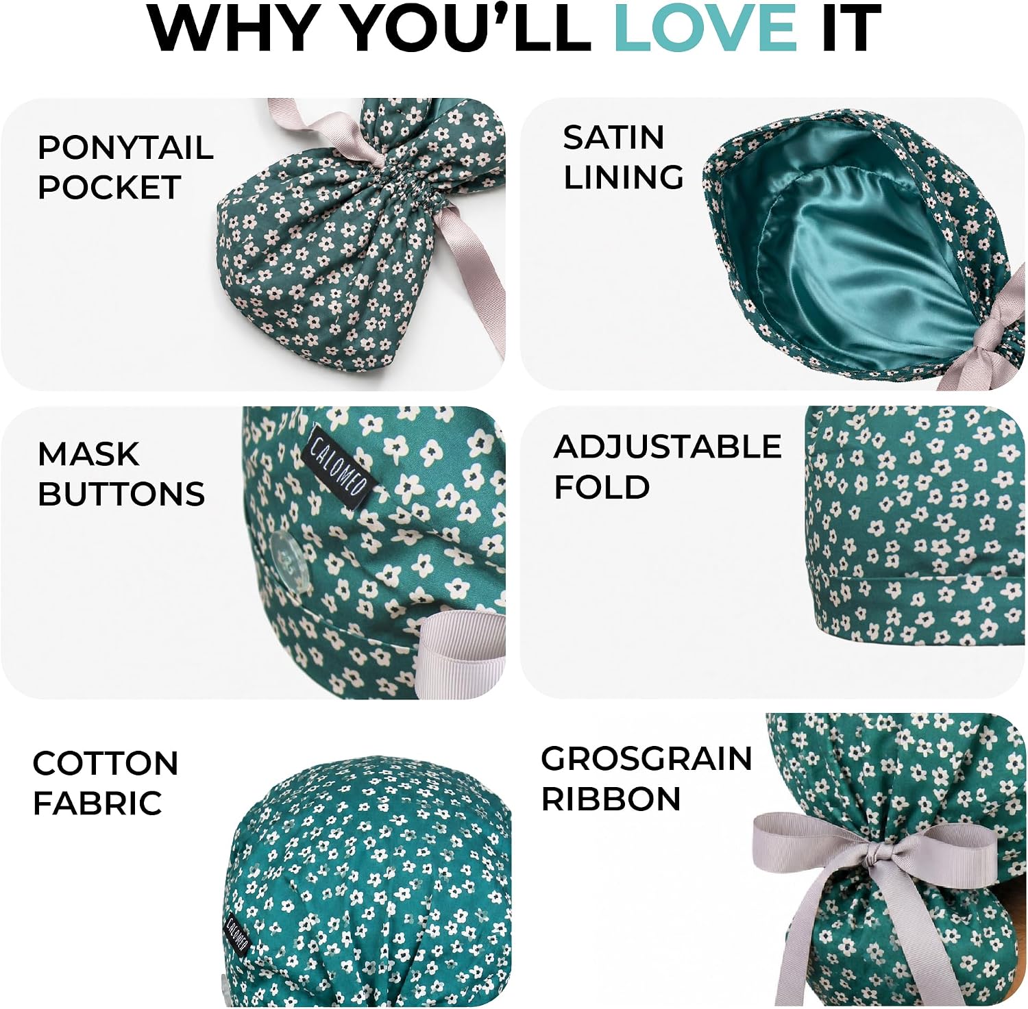 Satin Lined Ponytail Scrub Cap, Premium Cotton Surgical Cap with Buttons for Long Hair, Women and Men