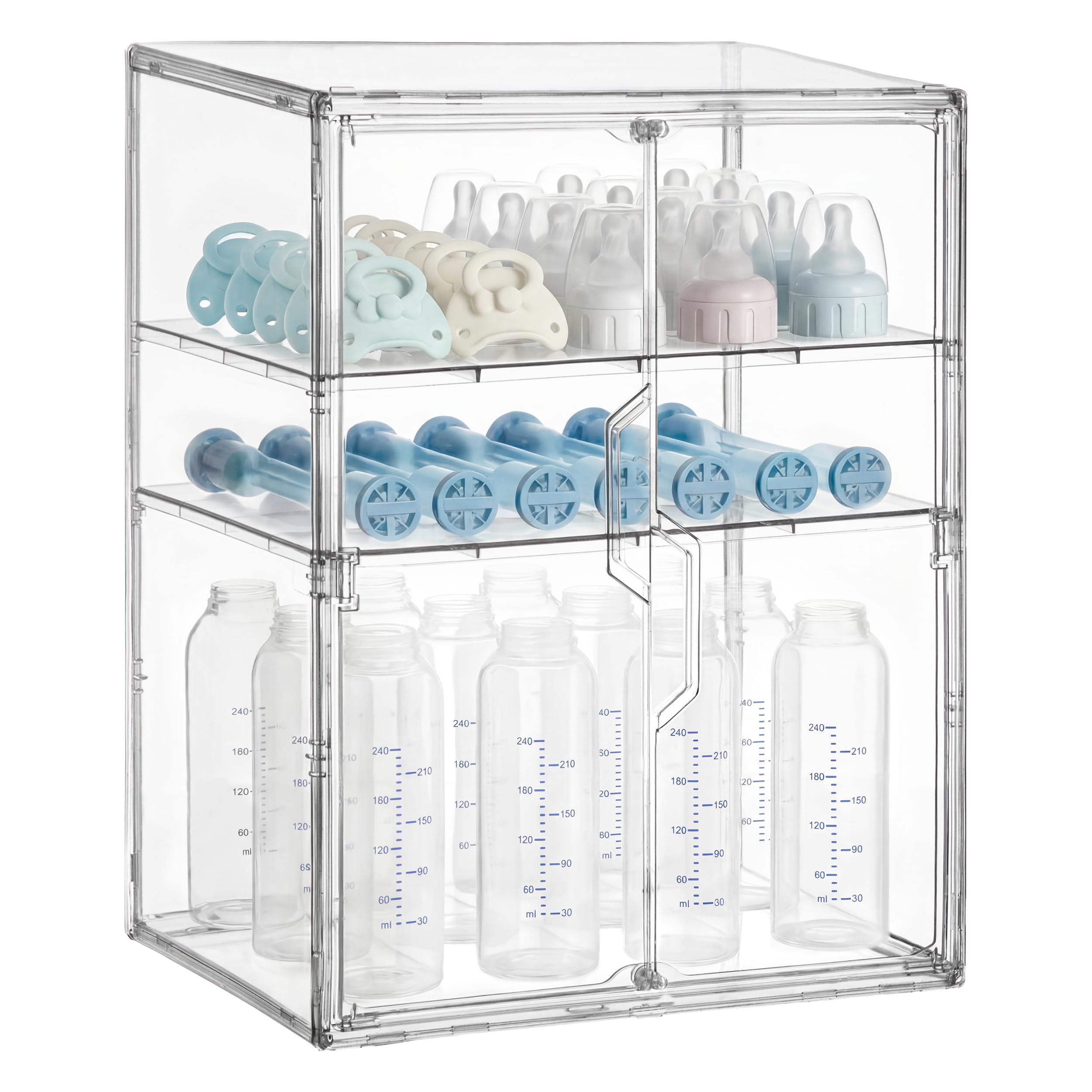 Photo 1 of HBlife Baby Bottle Storage Organizer for Countertop Cabinet, 3 Tiers Adjustable Clear Acrylic Bottles Storage Station Case Box Container with 2 Removable Dividers and Magnetic Double Door, X-Large