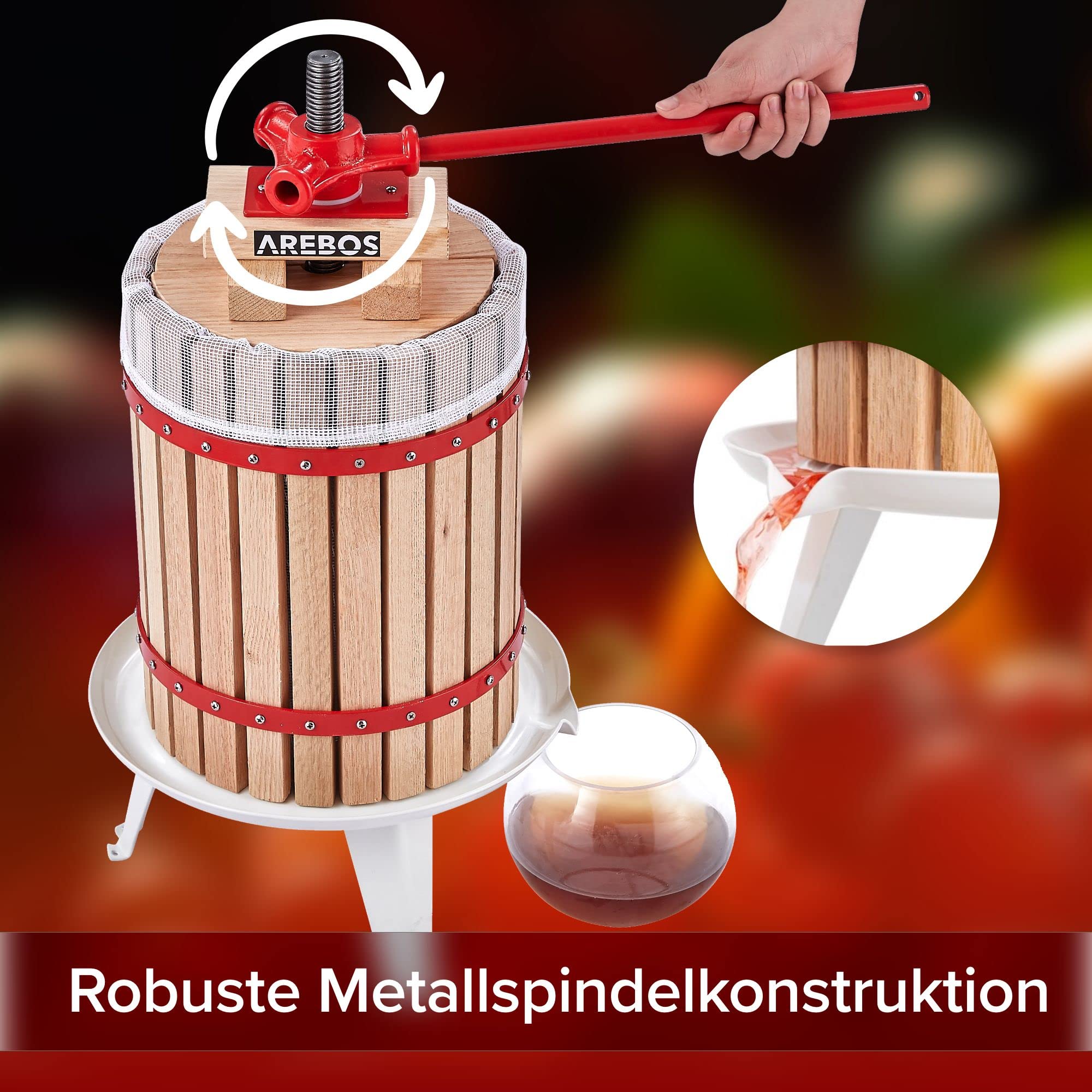 Arebos Obstpresse 18L | Manuelle Saftpresse I Beerenpresse inkl. Presstuch, Druckplatte und Metallspindel I Für jegliche Arten von Saft & Gemüse