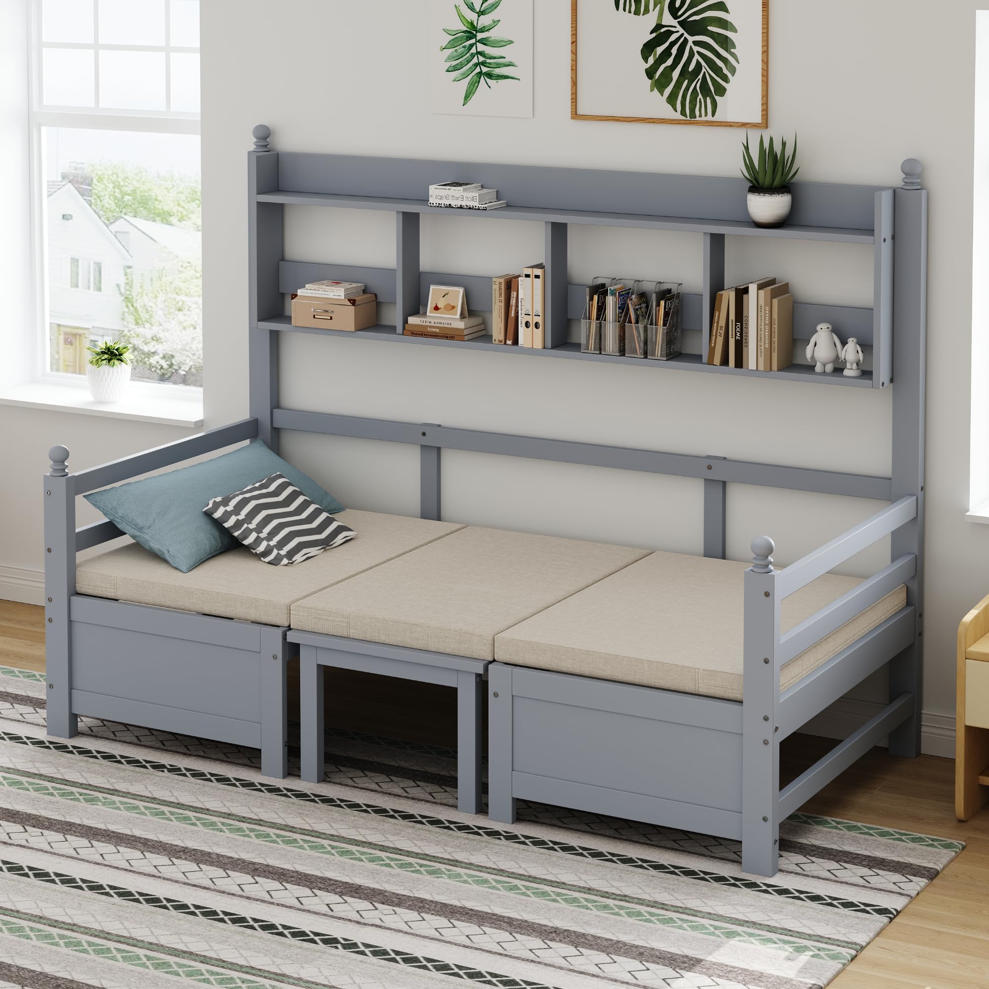 Multifunktionales Massivholz Schlafsofa 90x200, 2-in-1 Bett und Schreibtisch, Frei Umbaubar, Mit Bücherregal Zur Aufbewahrung, Mit Bequemen Kissen, Gästebett (Grau)