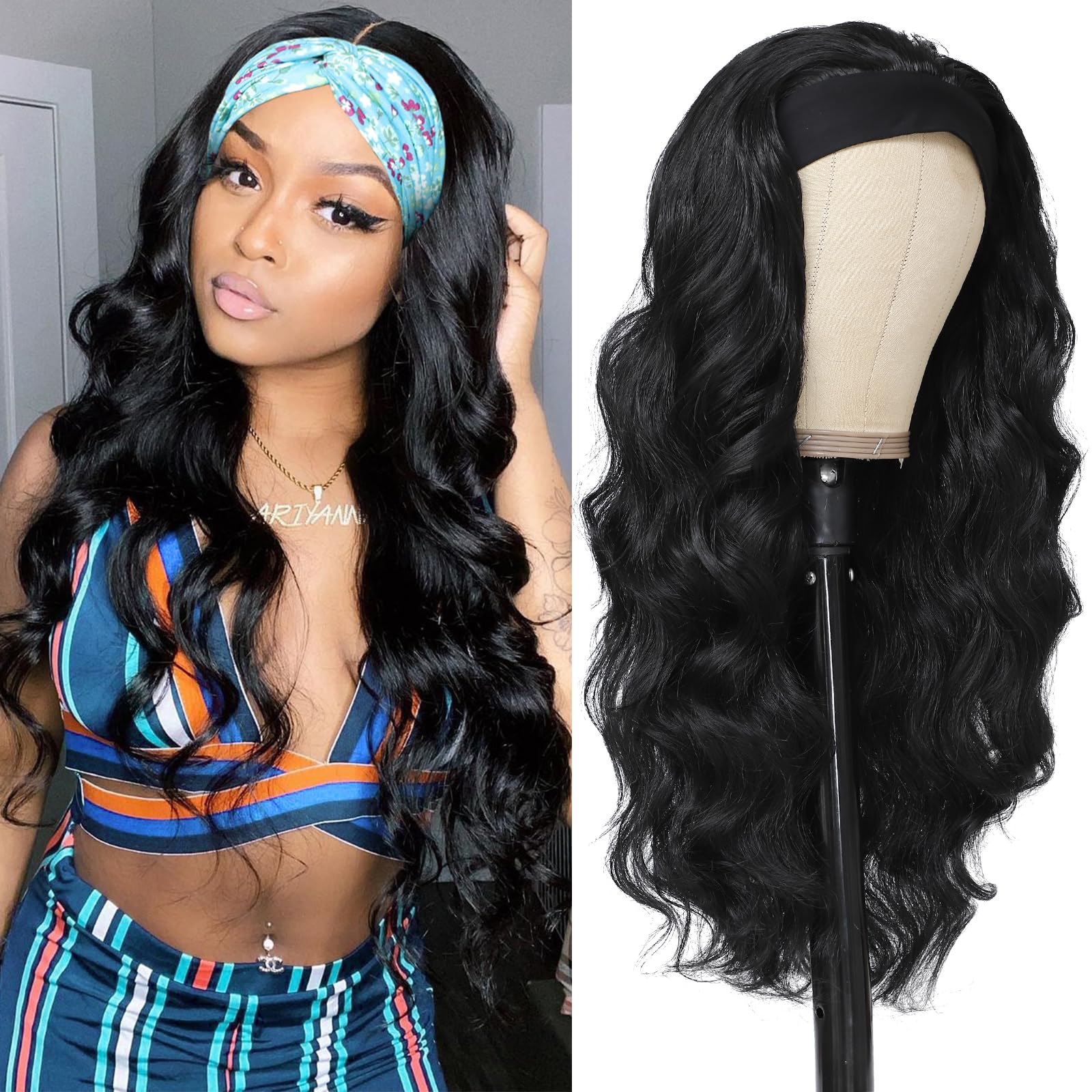 Photo 1 of xccoco Black HeadBand Wigs for Women Long Wavy Headband Wigs 24inch Put On and Go Glueless Half Wig Loose Wave Synthetic Long Wigs for Women 200% Density