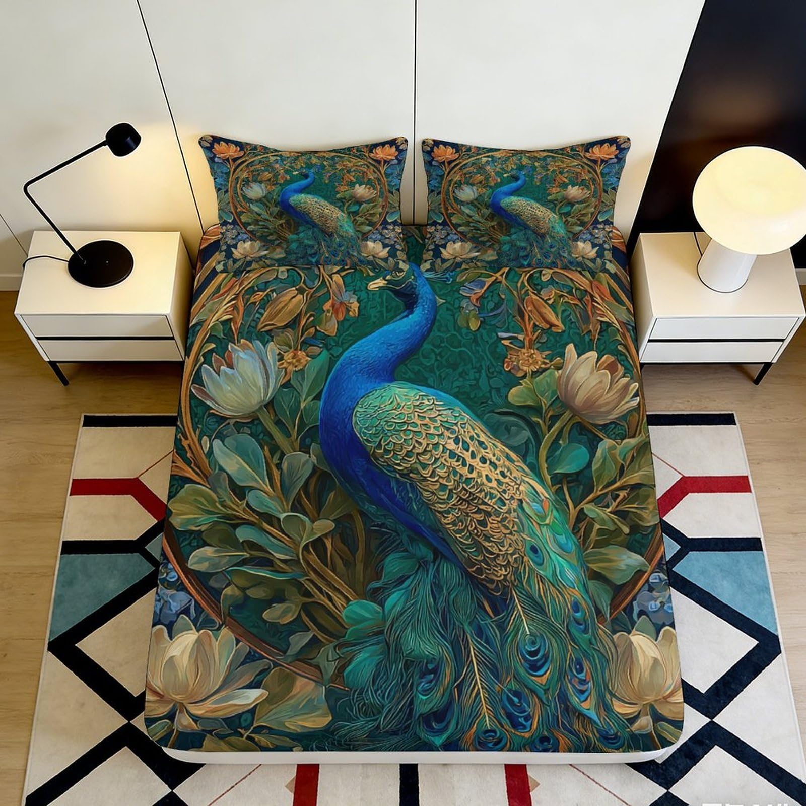 3D Printed Peacock Garden Fitted Sheet Microfiber Soft Breathable Lotus Bed Sheet for Bedroom Guest Room Decor 90x200x25cm