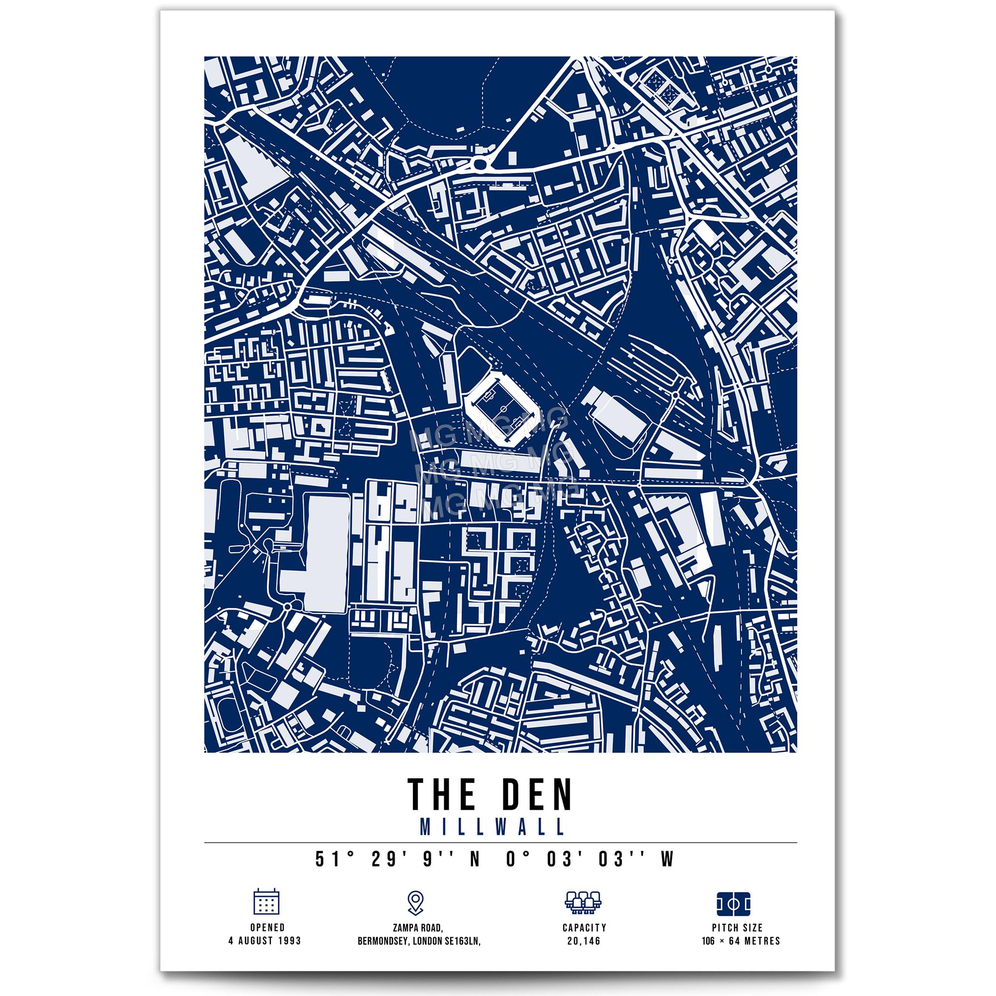 Mounted Gifts Trading A4 Poster Only The Den Stadium Map Minimalist A4/A3 Poster Photo Print Framed Gift Millwall (A4 Poster Only)