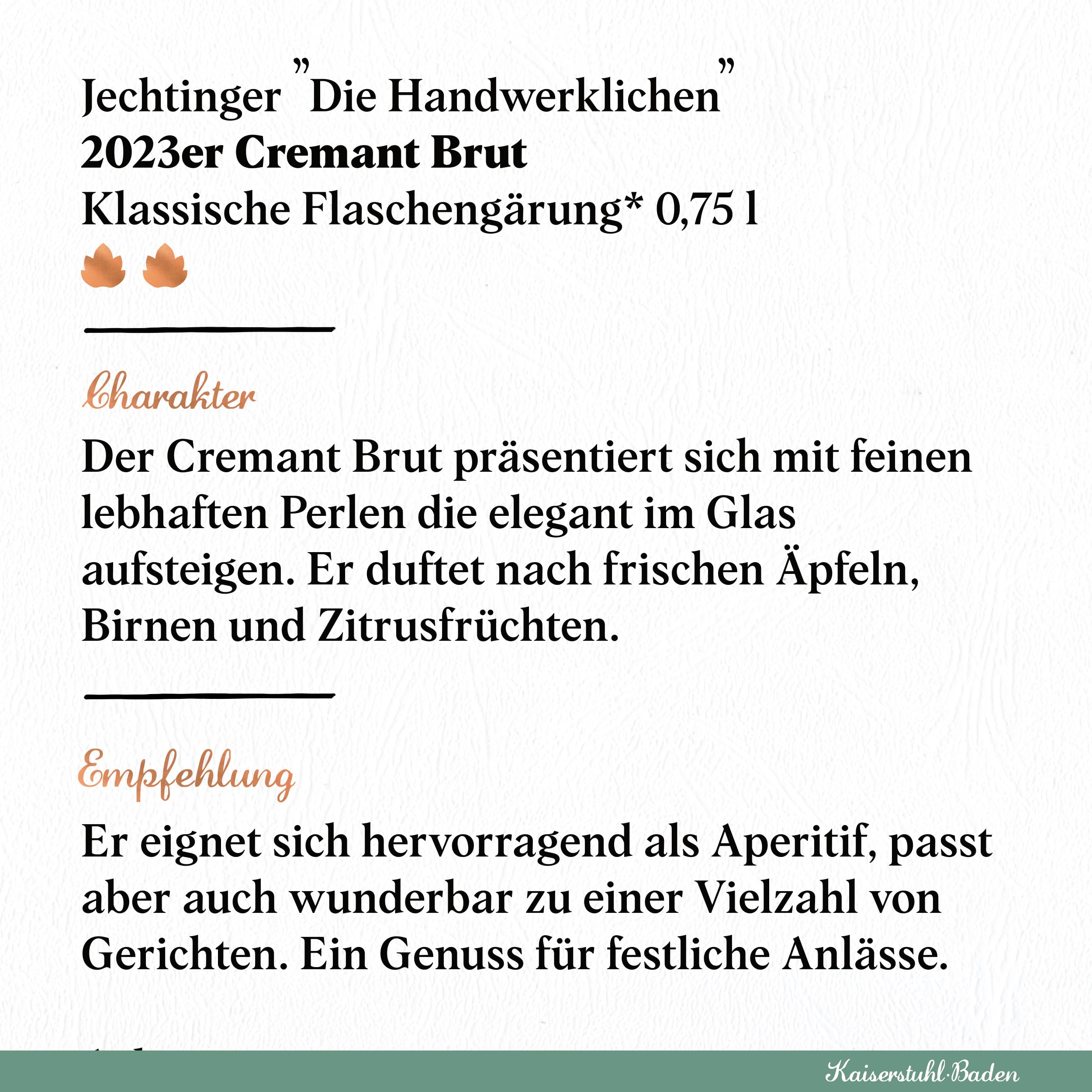 Jechtinger Cremant Brut - SILBER 2025 AWC Vienna - Klassische Flaschengärung - Winzer-Sekt trocken, frisch, lebhaft & feinperlig - Anbaugebiet Kaiserstuhl (1 x 0,75 l) (Packung mit 6)
