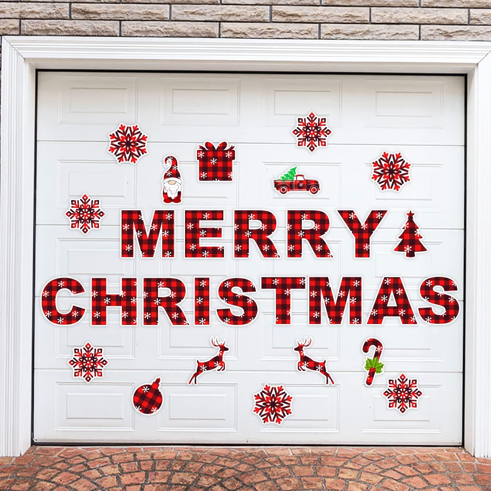 QIKSION 30 Pcs Merry Christmas Garage Door Magnet Sticker Decorations, Large Red Black Plaid DIY Magnet Decal Garage Door Christmas Decorations for Xmas Garage Door Home Decoration Supplies