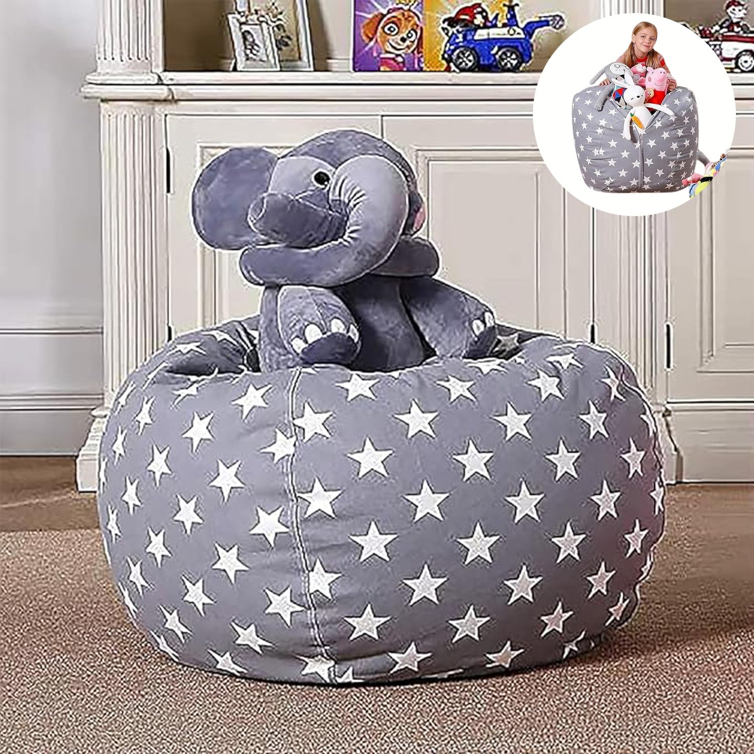 Bolsa Almacenamiento Juguetes Felpa, Lona Bolsa De Frijoles Rellenable, Niños Beanbag Sofá Con Cremallera, Puffs Plegable Para Niños, Puf de Peluche, para Organizar Juguetes, Ropa (24 Pulgadas) (24)