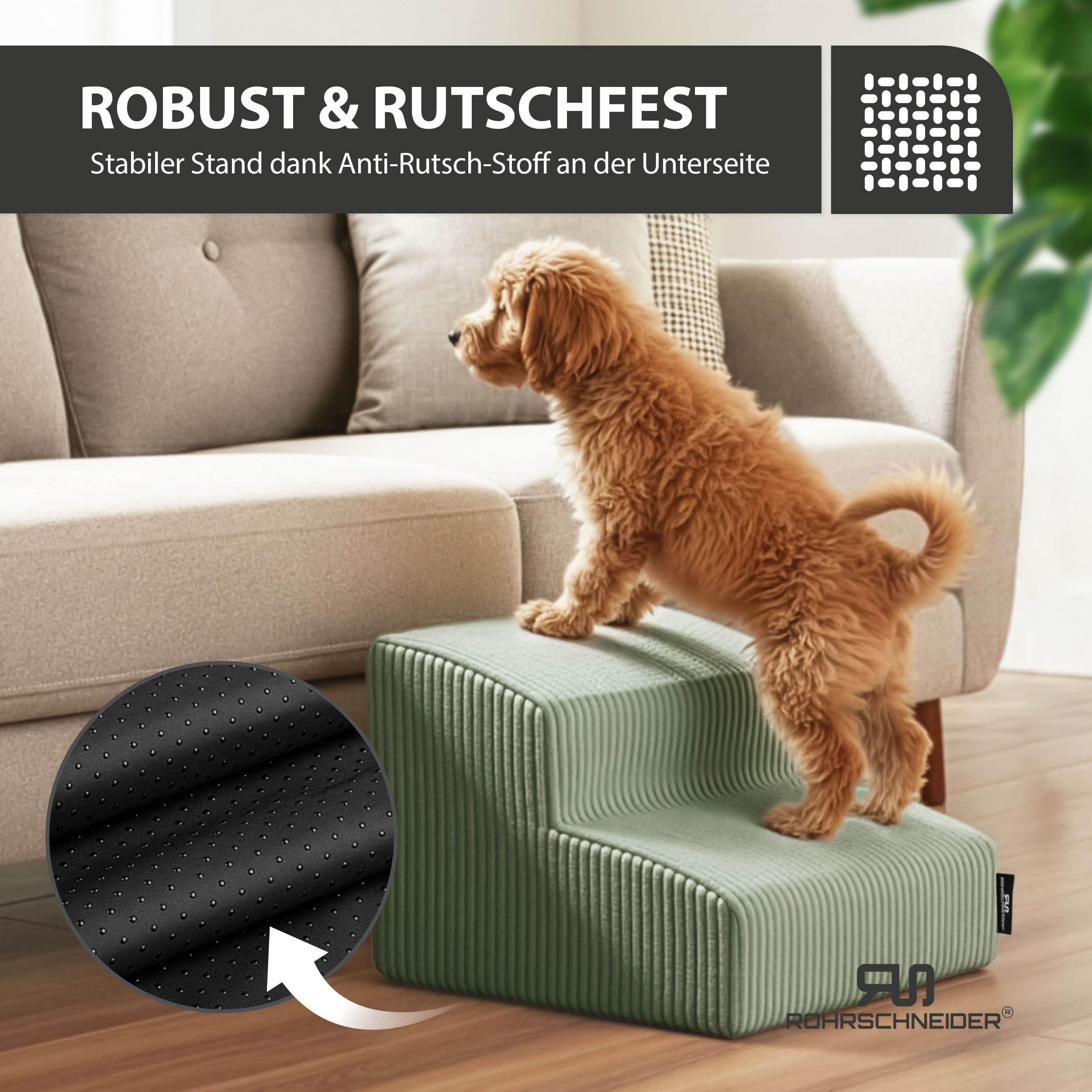 Rohrschneider Haustiertreppe klein, waschbar, Schaumstofffüllung (Salbei) | rutschfest, waschbarer Cordbezug
