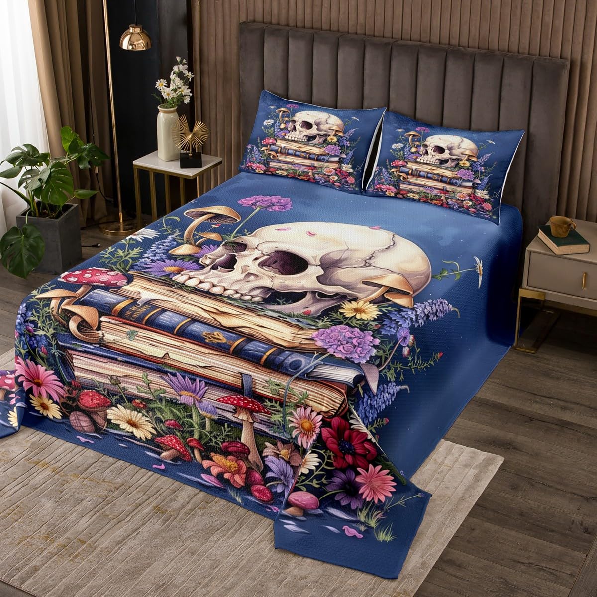 Manfei Skull Books Quilts Set for Kids Boys,Gothic Flowers Leaves 2Pcs Bedspread Bedding Set,Farmhouse Style Bed Cover Set,Rustic Botanical Plants Bedspread Coverlet with 1 Pillowshams (Twin Size)