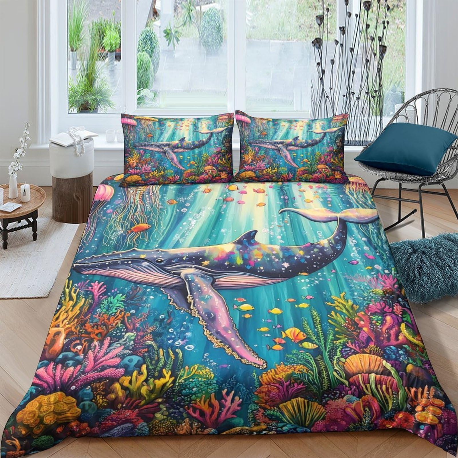 Ctjqhvkz Style-8 3D Printed Ocean Whale Fitted Sheet Microfiber Colourful Coral Mattress Cover For Bedroom Guest Room Decor Single（135X200cm）