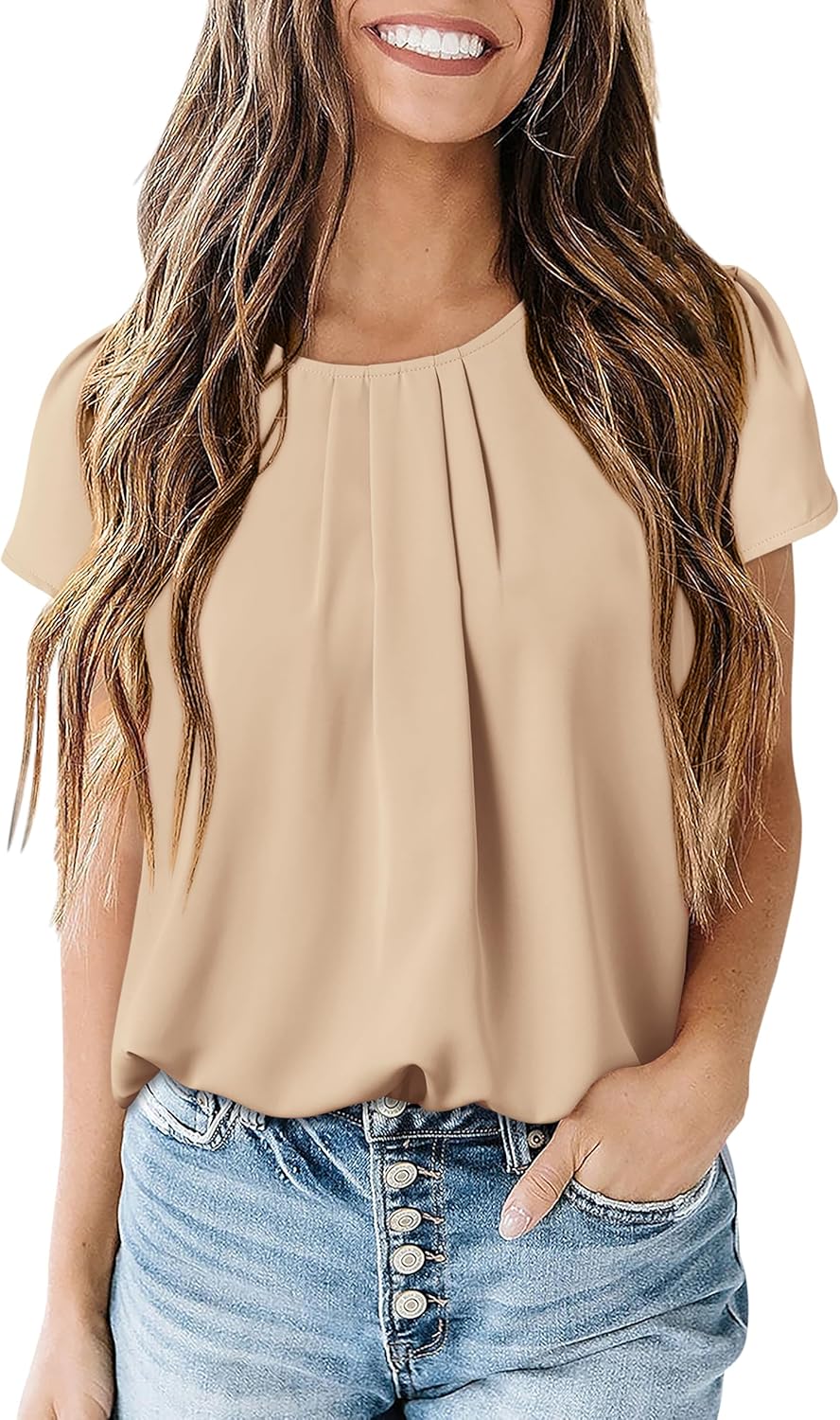 PRETTYGARDEN Women's Tops 2026 Casual Summer Round Neck Short Sleeve Basic Pleated Loose Fit Blouses Plain Tunic Shirts - Image 7