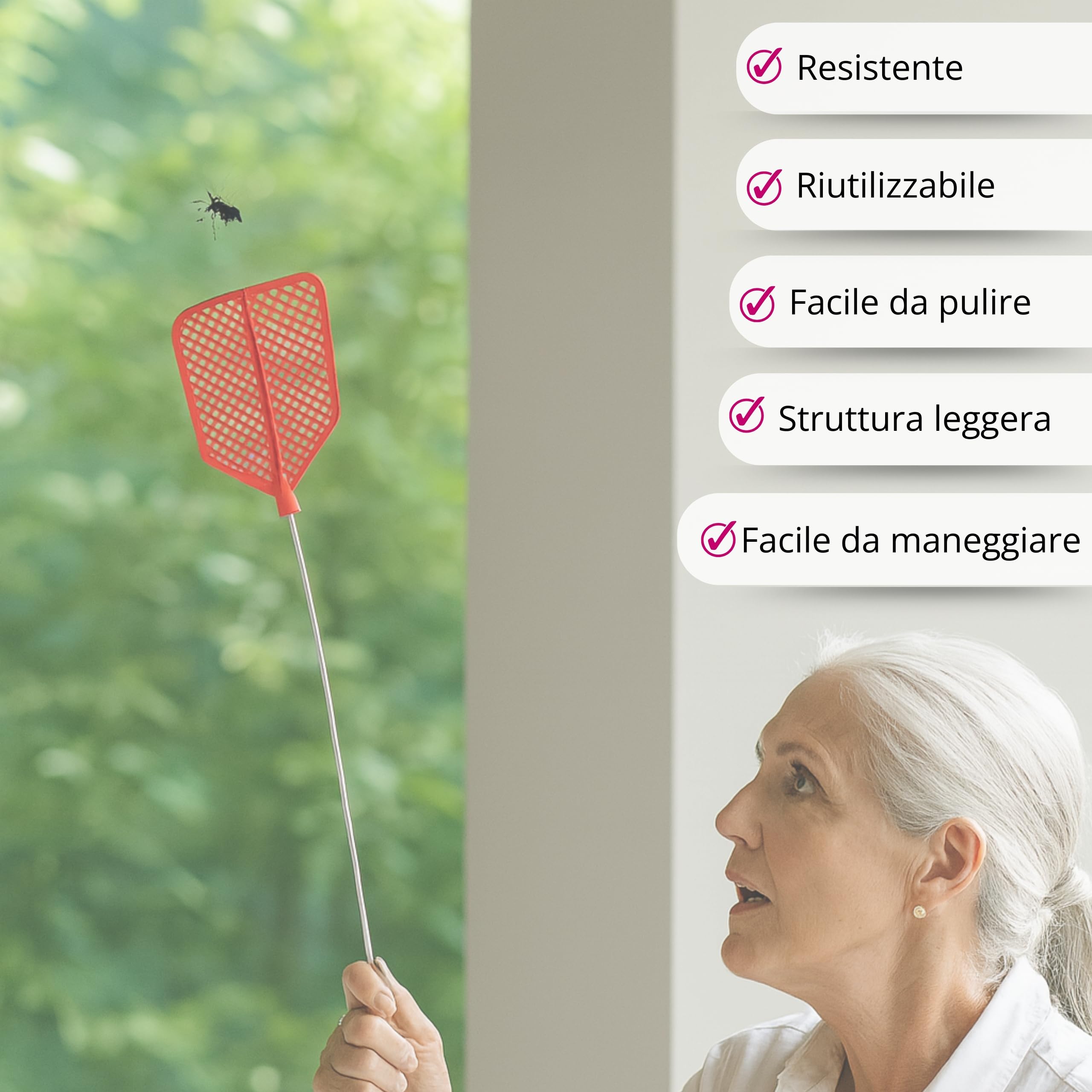 Battimosche Manuale 43 cm – Manico in Ferro, Paletta Flessibile in Plastica Rossa – Scacciamosche per Interni ed Esterni – Contro Mosche, Zanzare e Insetti Volanti - Confezione da 2 pezzi