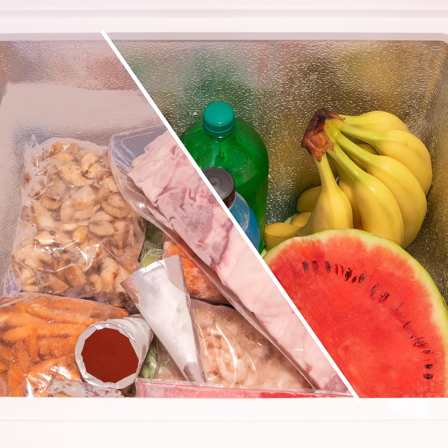 Split image showing freezer content on one side and refrigerator content on the other, illustrating the dual function