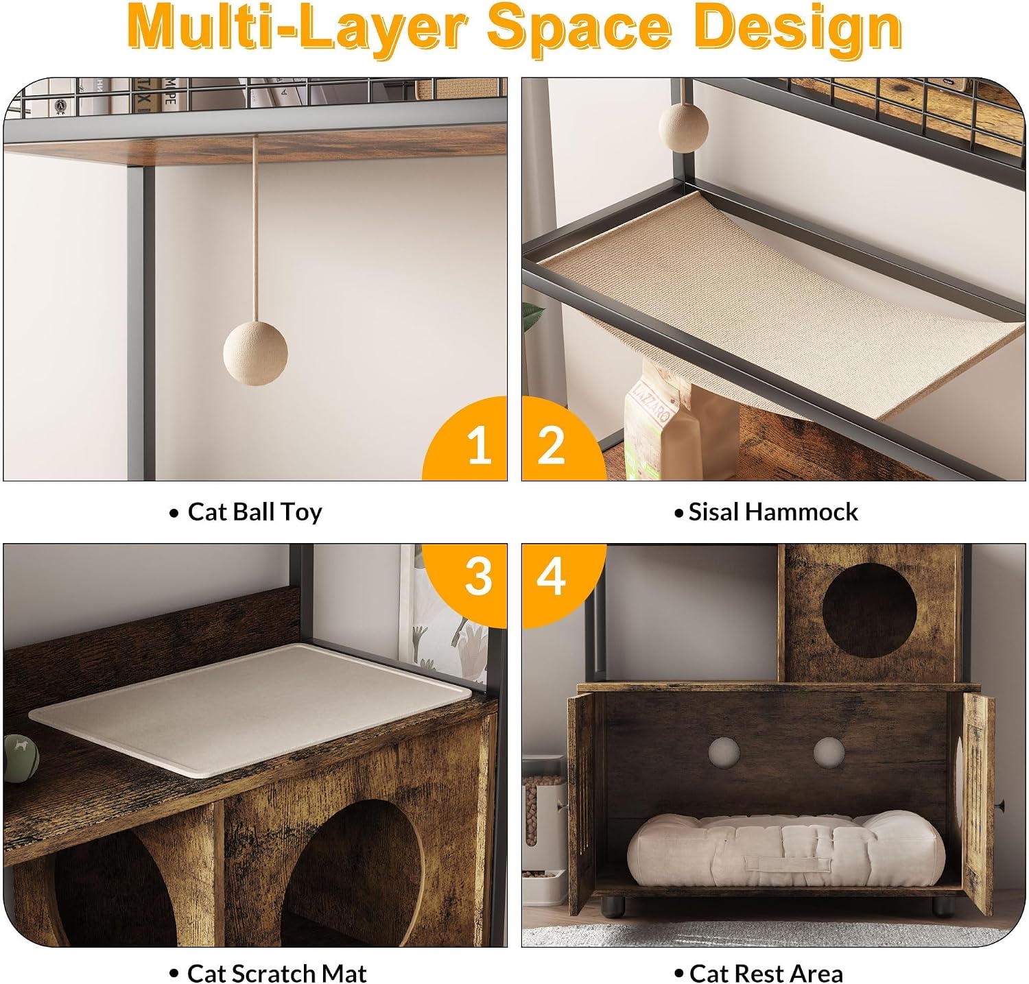 Cat Litter Box Enclosure with Shelf Storage, 2-in-1 Hidden Cat Litter Box Enclosure Furniture,Wooden Litter Box Cabinet Cats Washroom with House Condo, Sisal Hammock and Playing Ball Retro Brown