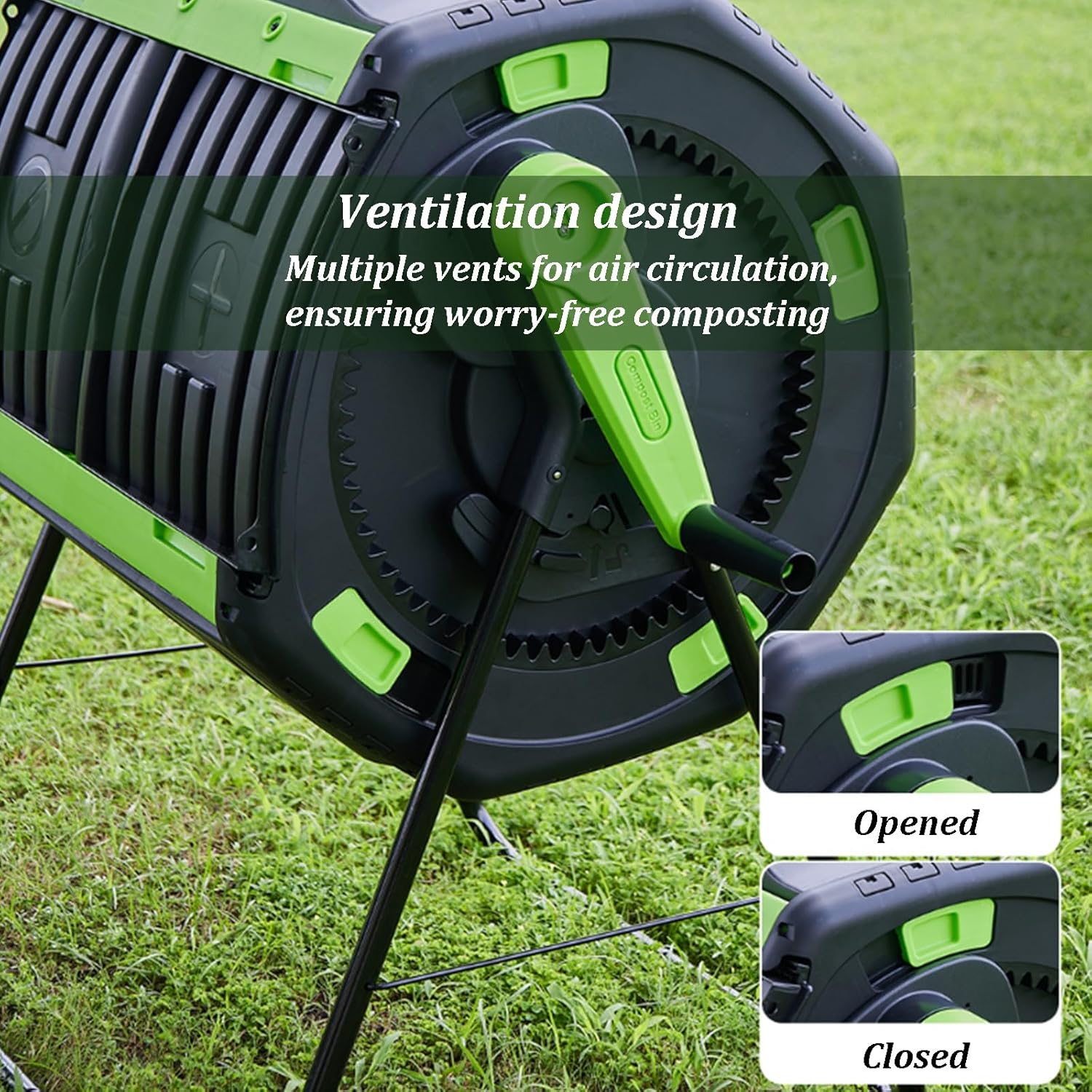 Garden Compost Bin, Outdoor Tumbling Composter, Integrated Sliding Double-Door Lid, Vent Design, Dual Chamber Waste Recycling Machine for Garden, Kitchen, Yard