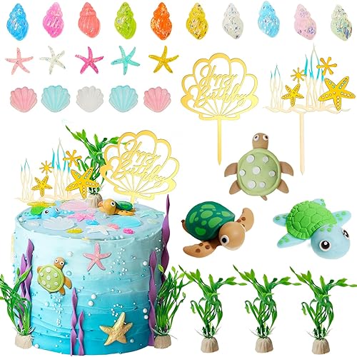 Taiyin 28 piezas de decoración de pastel bajo el mar, decoración de cumpleaños de tortuga, decoración de pastel de tortuga, conchas marinas,