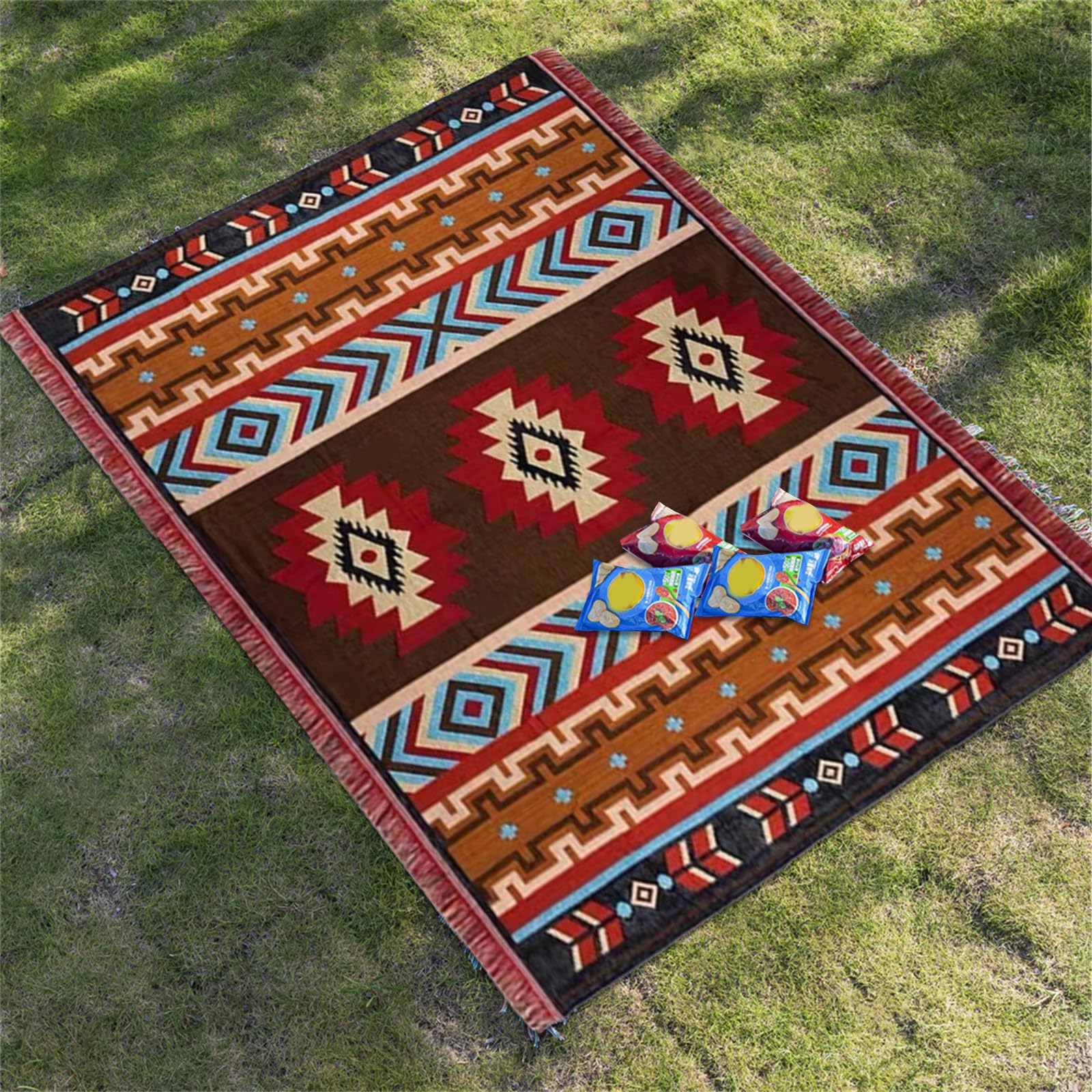 Boho Knitted Throw Blanket, 35.4×60 Inches, Soft Outdoor Picnic Blanket, Stylish Bohemian Couch & Chair Throw for Camping, Beach, Tent, and Home Decor. (Three-Eyed)