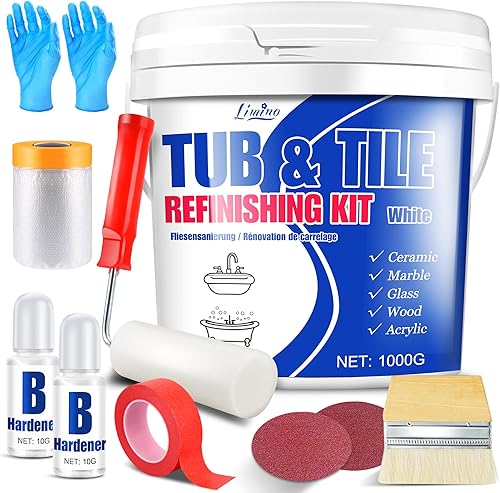 Kit de reacabado de bañera y azulejos, pintura blanca semibrillante de 35 onzas con herramientas para bañera, fregadero y encimera para baño,