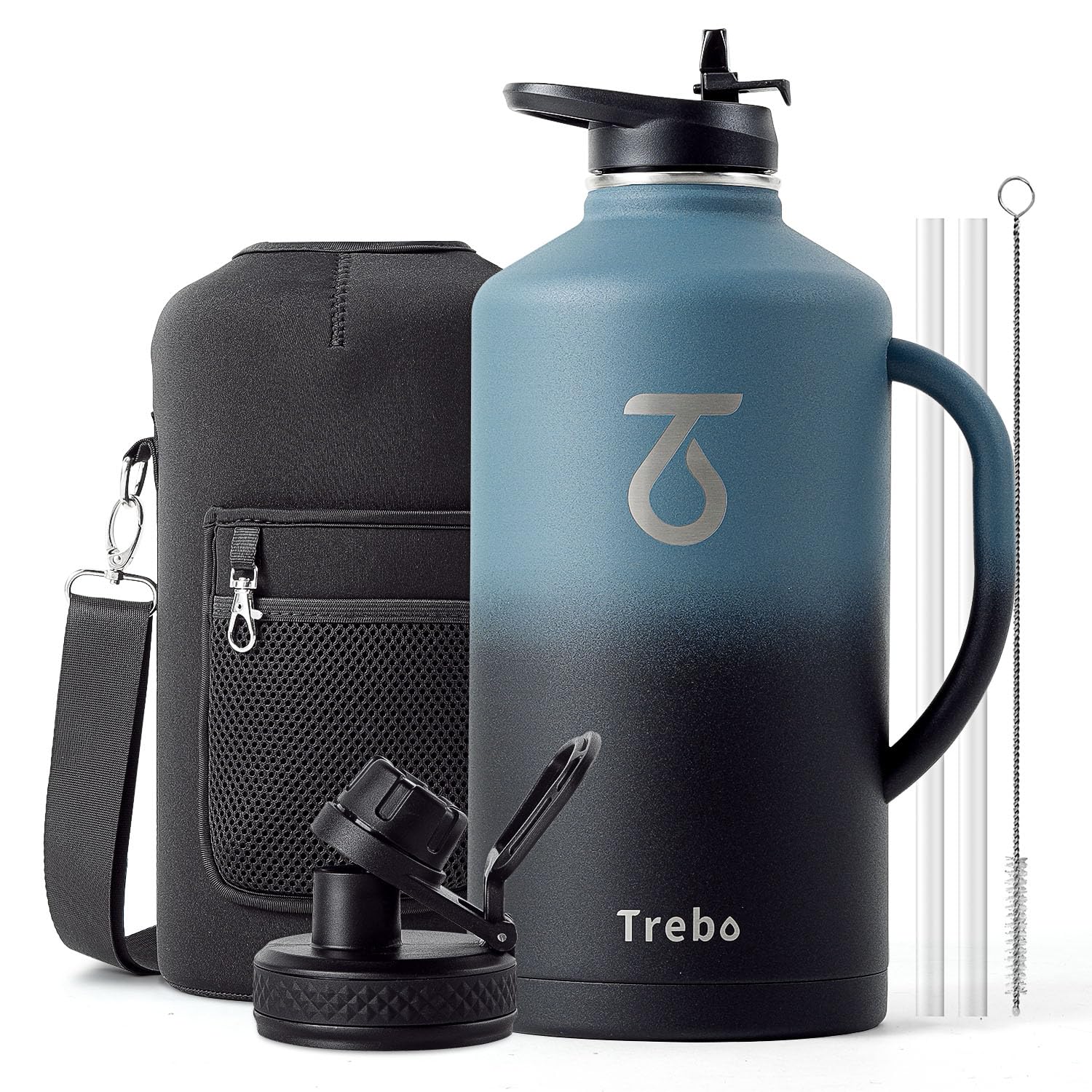 Trebo Isolierte Wasserflasche mit Griff, 3,6 l, Edelstahl, großer Krug, Reiseflasche mit Trinkhalm-Deckel, Becher mit Tragetasche, hält kalt heiß, Indigoschwarz