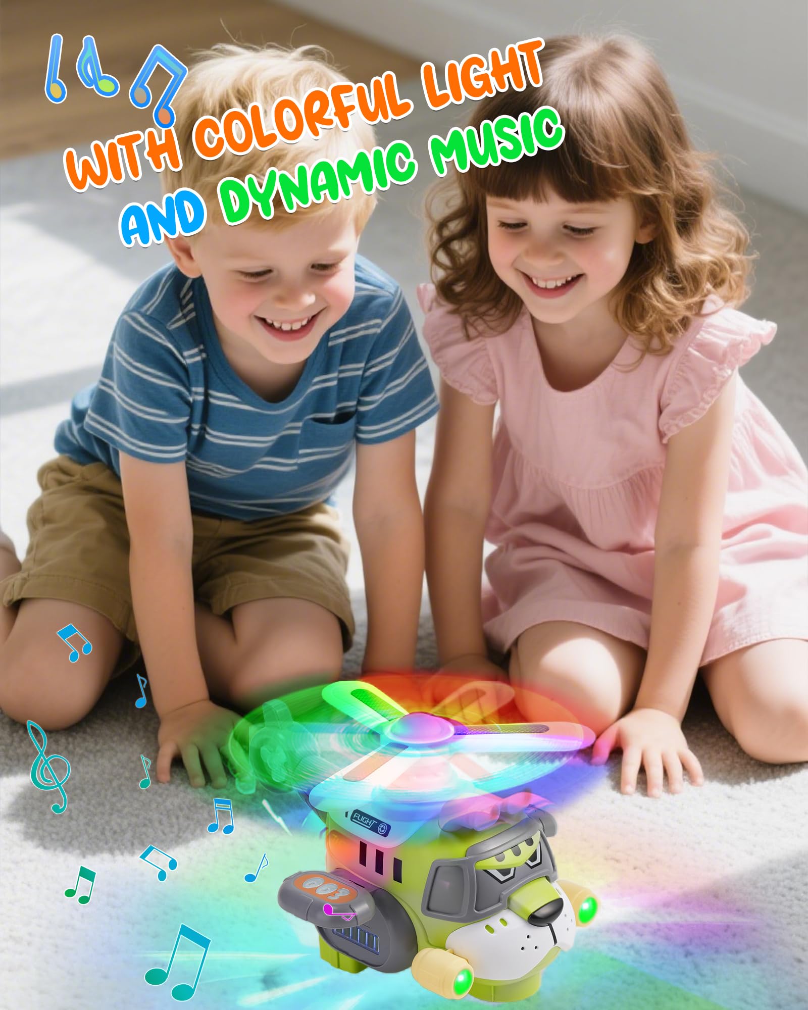 Jouet d'avion pour enfants de style tigre - jouet d'hélicoptère électrique avec lumières et sons, hélice tournante à 360 °, action Bump-and-Go - jouet éclairé pour tout-petits âges de 3 à 7 ans