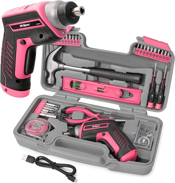 Hi-Spec 35pc Pink Tool kit with 3.6V USB Electric Screwdriver and Drill Set. Complete Women Tool Set
