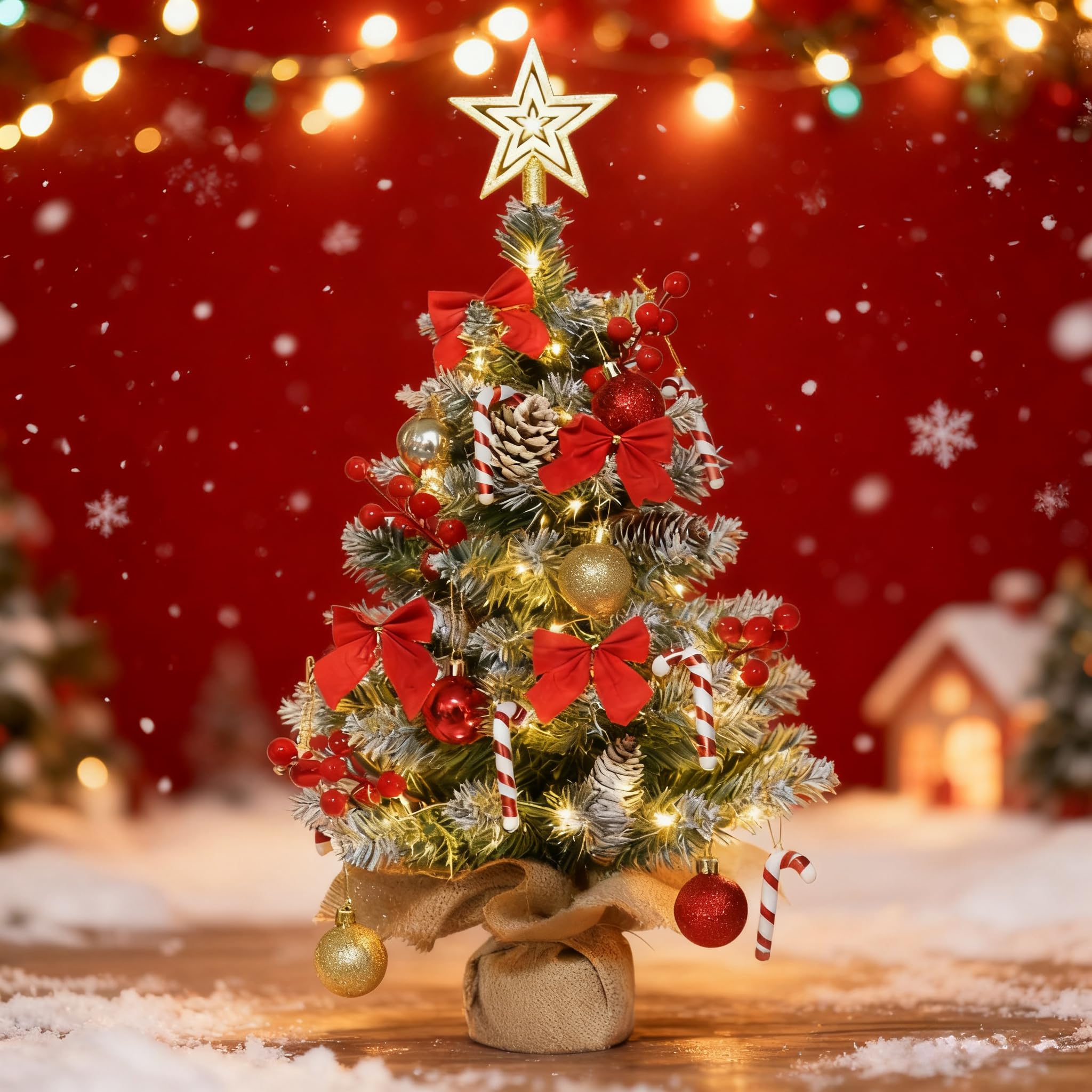 Small Christmas Tree 60cm Mini Christmas Tree with Lights Ornaments DIY Crafts Giltter Baubles/Berries/Pine Cone/Canes/Bow/Treetop Star for Xmas Tabletop Desktop Windowsill Home Decor (Green)