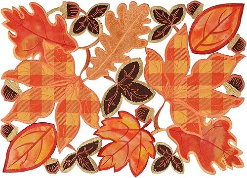 Simhomsen Manteles individuales bordados de hojas de arce a cuadros para Acción de Gracias, decoración de cosecha de otoño (13 x 19 pulgadas, juego