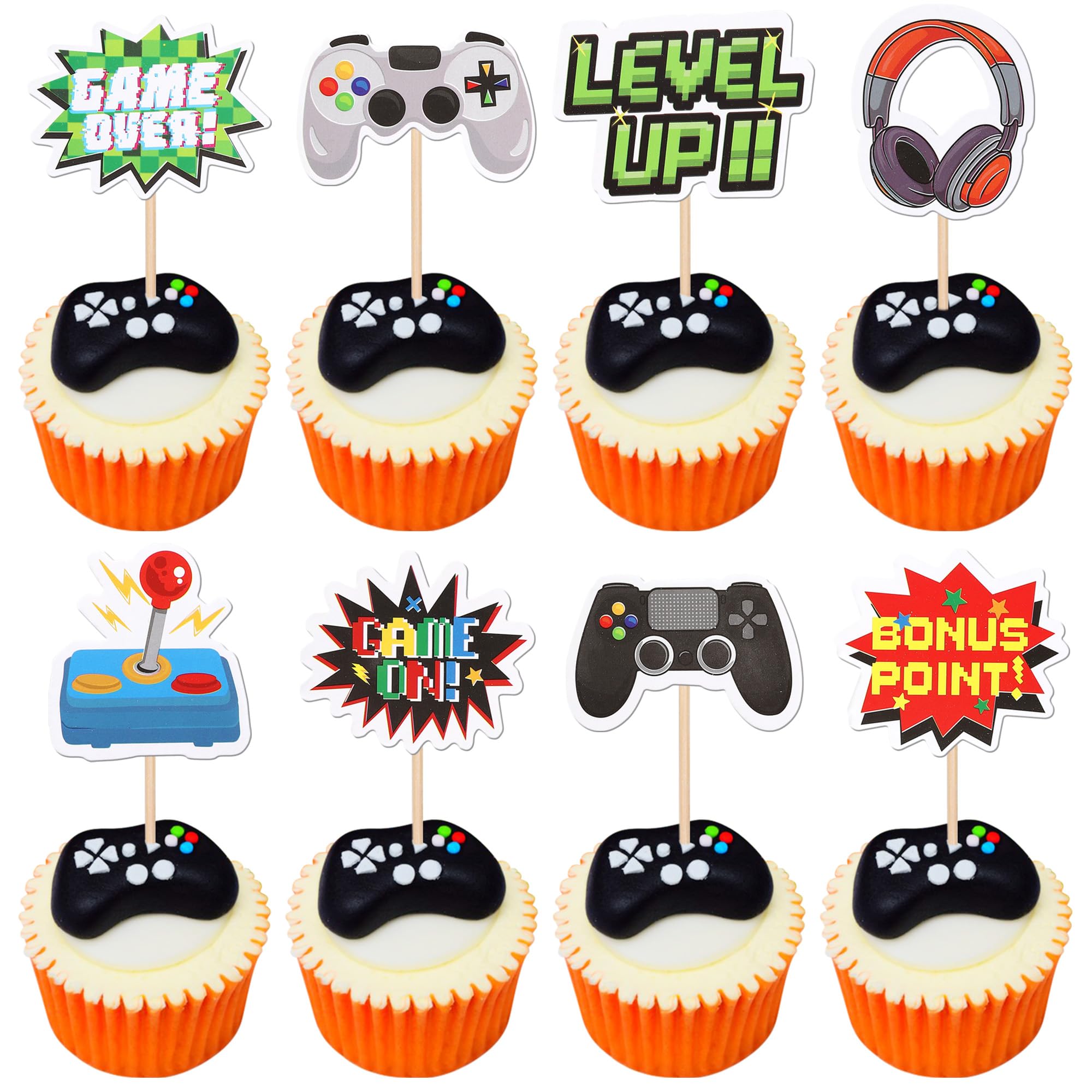40 PCS Video Game Cupcake Toppers Double Sided Game On Controllers Cupcake Picks GamePad Cupcake Decorations for Game Theme Baby Shower Kids Boys Gamer Birthday Party Cake Decorations Supplies