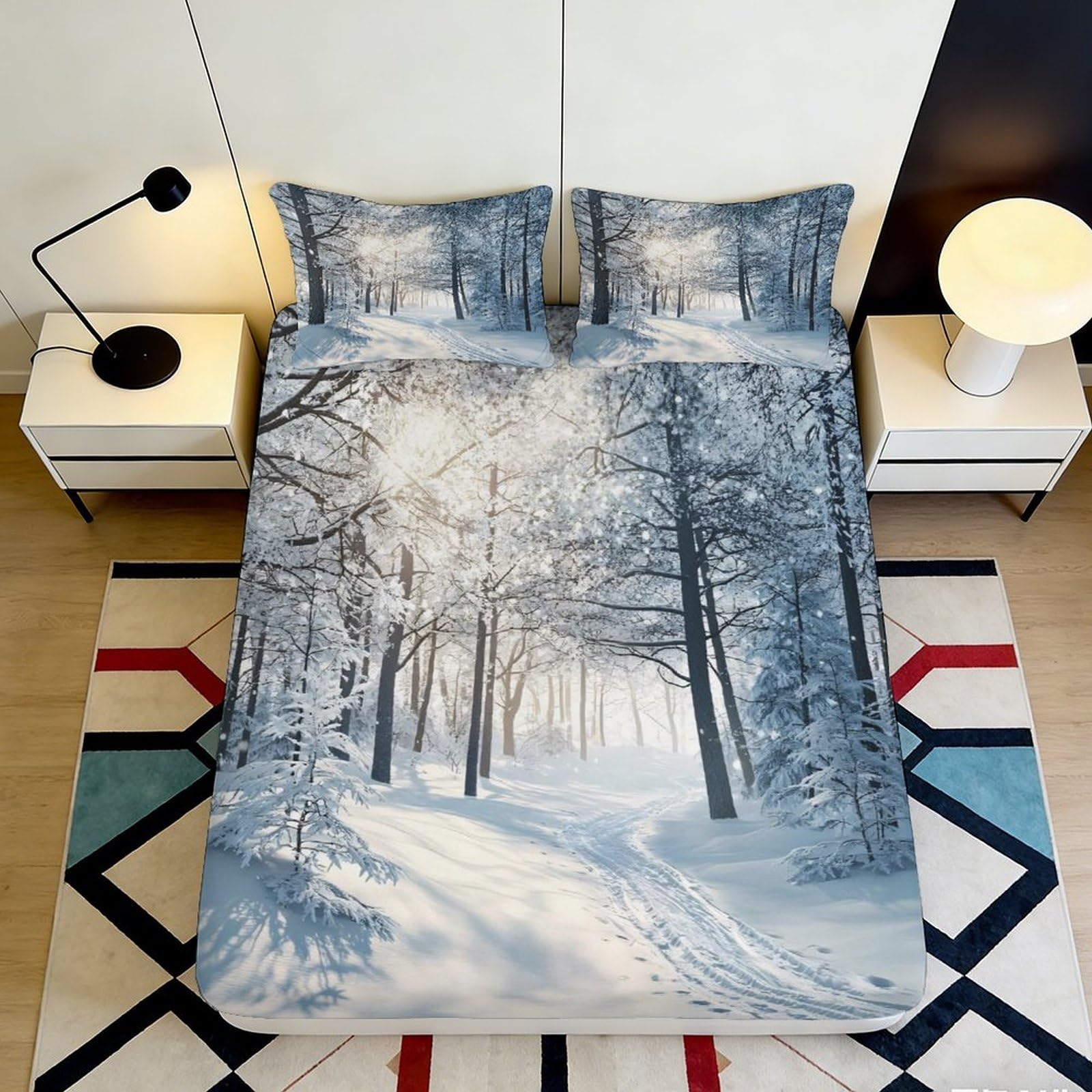 3D Printed Forest Snow Scene Fitted Sheet Microfiber Deep Pocket Non-Slip Forest Mattress Fitted Cover for Bedroom Bedding 140x200x25cm