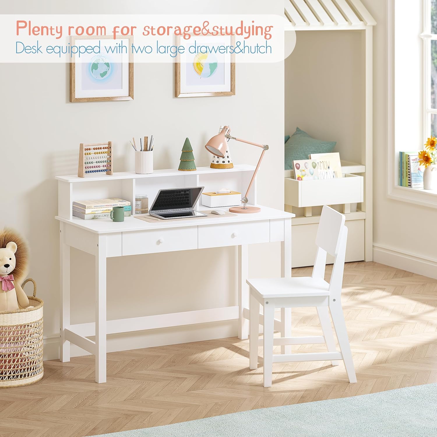 Spirich Kids Desk and Chair Set, Kids Study Desk with Hutch for 5-12 Years Old, Children Wooden Study Table, Student Writing Table Computer Workstation