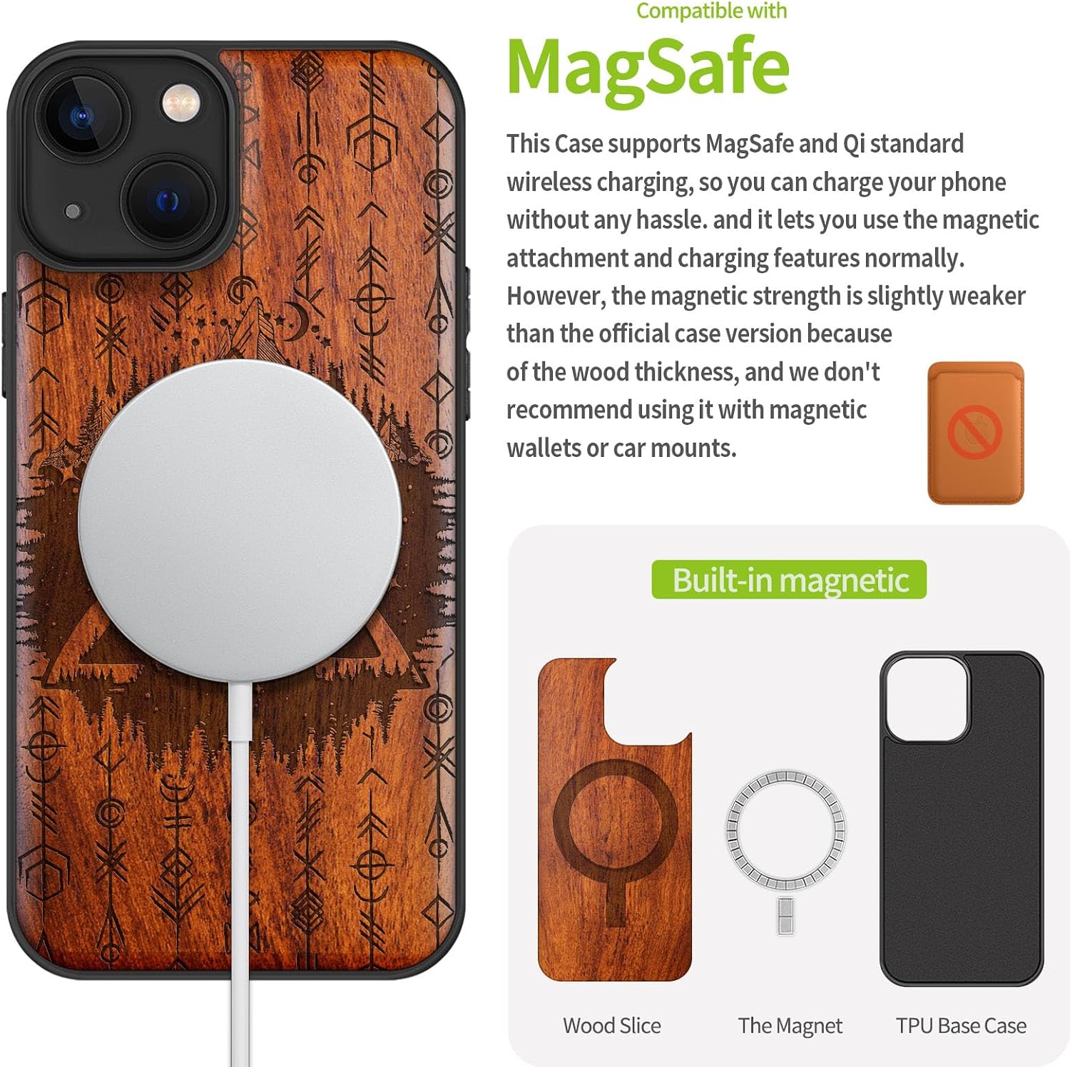 Carveit Magnetic Wood Case for iPhone 13 Case [Natural Wood & Black Soft TPU] Unique Wooden Shockproof Protective Cover Compatible with magsafe (Celtic Helm-Awe -Rosy)