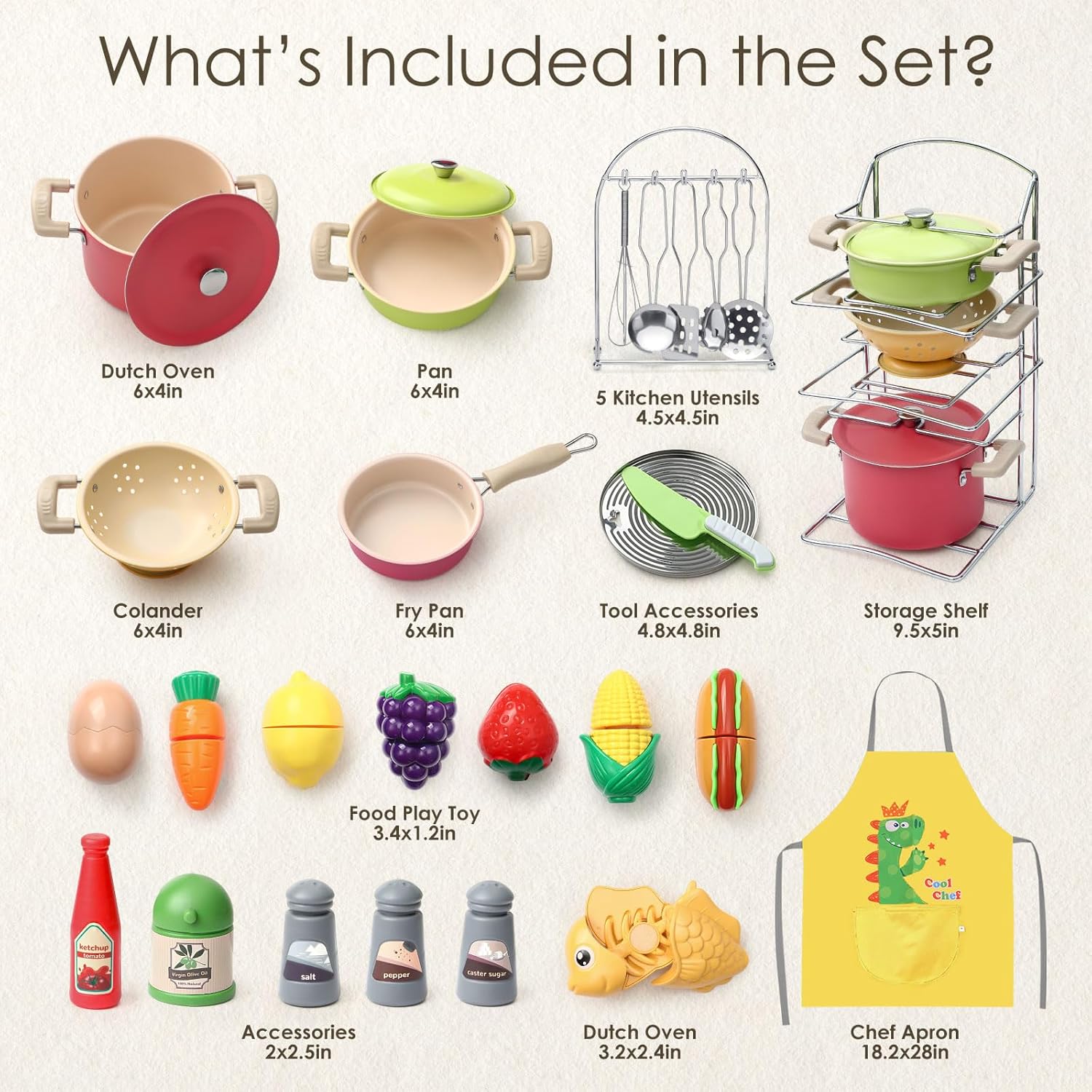 Golray Play Kitchen Accessories, Pretend Cooking Playset for Kids with Pots and Pans Set, Cooking Utensils Toys, Organizer, Play Food Set, Apron & Condiments, Birthday Gifts for Toddlers Boys Girls