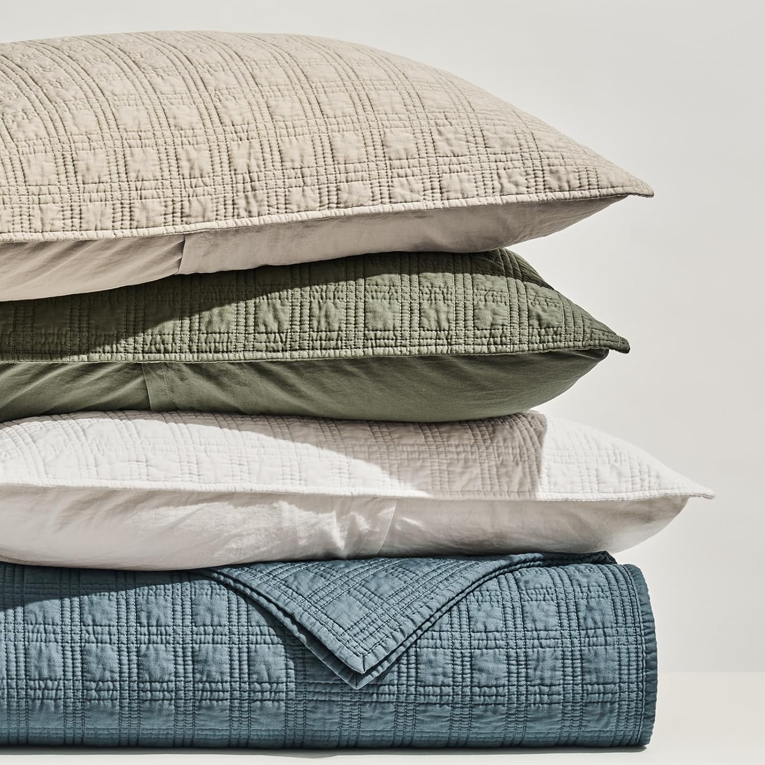 EVERGRACEHOME Windowpane Cotton Sateen Quilt Set King Size, Pre-Washed 100% Cotton Coverlet Bedspread, 3-Piece Soft Lightweight Bedding Set with 2 Shams for All Seasons, Light Taupe