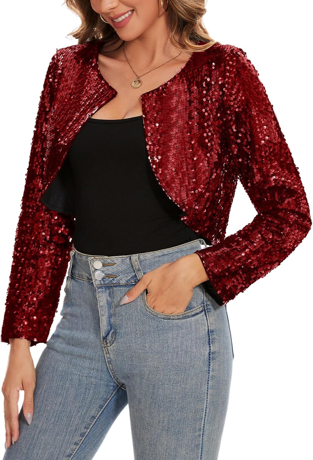 MINTLIMIT Women's Sequin Shrug Long Sleeve Open Front Cropped Bolero Cardigan Shiny Glitter Crop Blazer Jacket with Hook