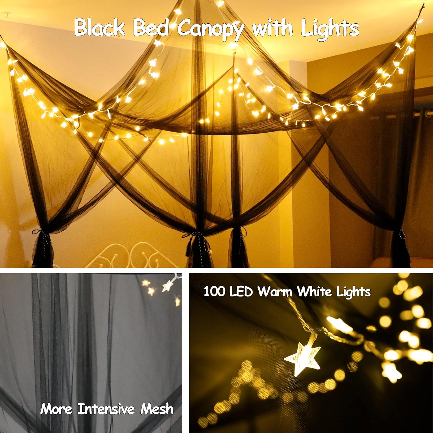Black Canopy Bed Curtains with Lights Bedroom Decor 4 Corners Post LED Black Bed Canopy Gothic Room Decoration, 100LED Warm White Elegant Princess Canopy Tent Hanging for Girl Women Queen King Bed