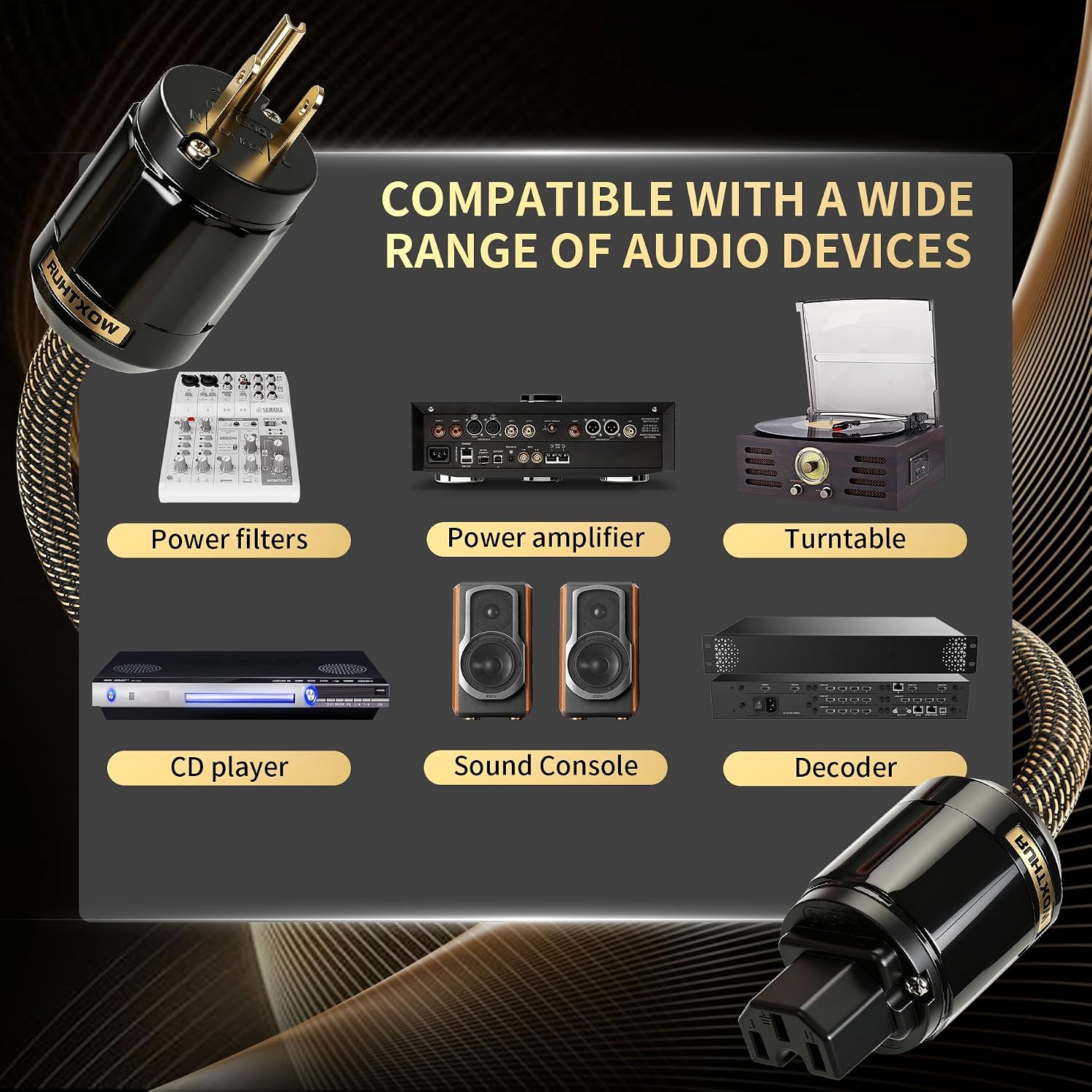 5N OFC Audiophile Power Cable for Hi-Fi System, 24K Gold Plugs 5μm, Ultra-Stiff Braided Cable, EMI/RFI Shielding, Audio & Video Power Cables for Amp DAC Studio Monitor(6.56 ft/78.74 in)