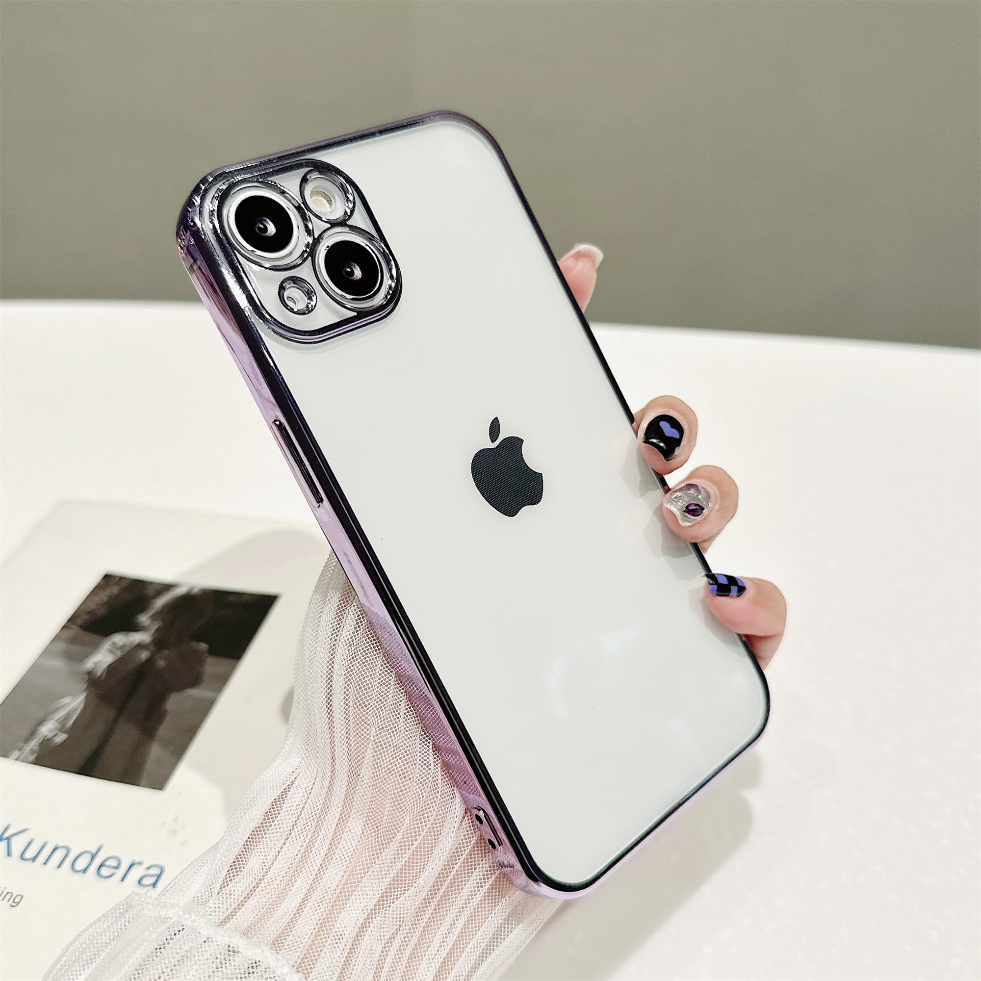 ADCOOG Clear for iPhone 13 Case 6.1 Inch with Full Lens Camera Protection, Luxury Electroplated Edge Soft TPU Bumper, Crystal Transparent Slim Shockproof Cover for Women Men Girls, Purple