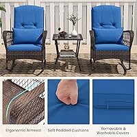 Vista 6 de ORALNER Juego de 3 mecedoras de mimbre para muebles de patio, sillas mecedoras para exteriores con cojines, almohadas, mesa de centro de cristal