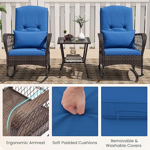 Miniatura 6 de ORALNER Juego de 3 mecedoras de mimbre para muebles de patio, sillas mecedoras para exteriores con cojines, almohadas, mesa de centro de cristal,