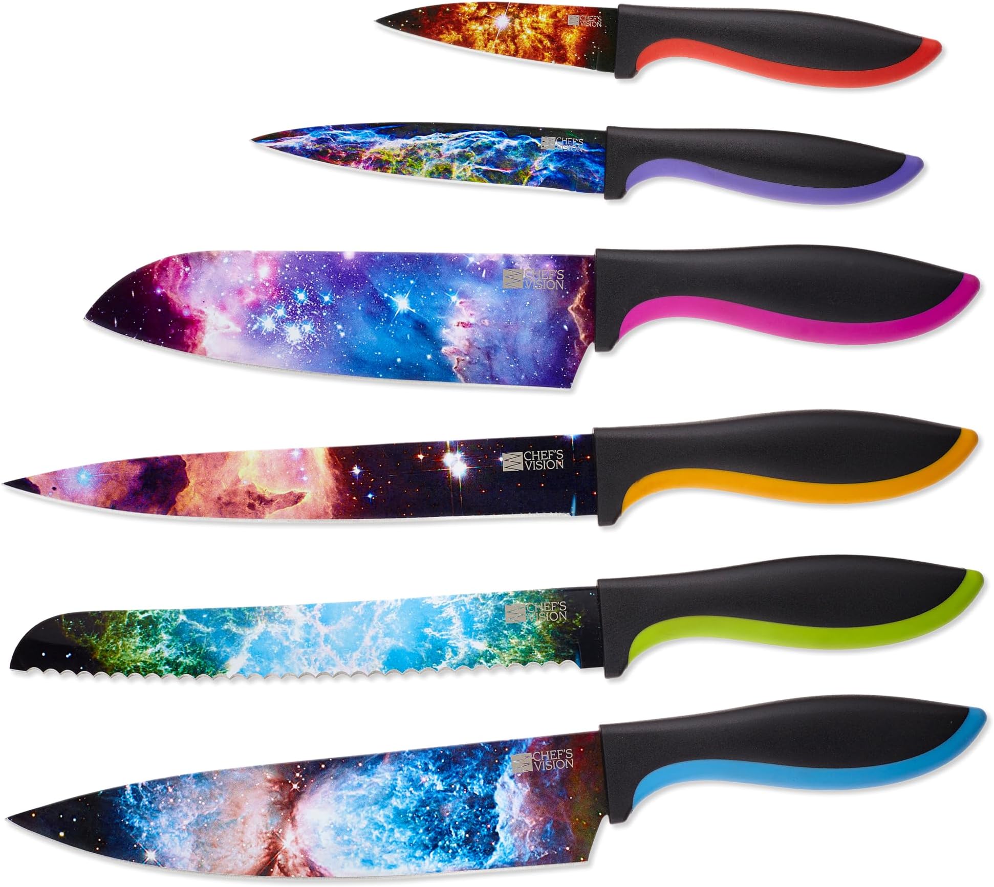 - CHEF'S VISION Cosmos Kitchen Knife Set – 6-Piece Stainless Steel Knives with Non-Stick Coating, Dishwasher Safe, Galaxy Design, Unique Gift for Space Lovers