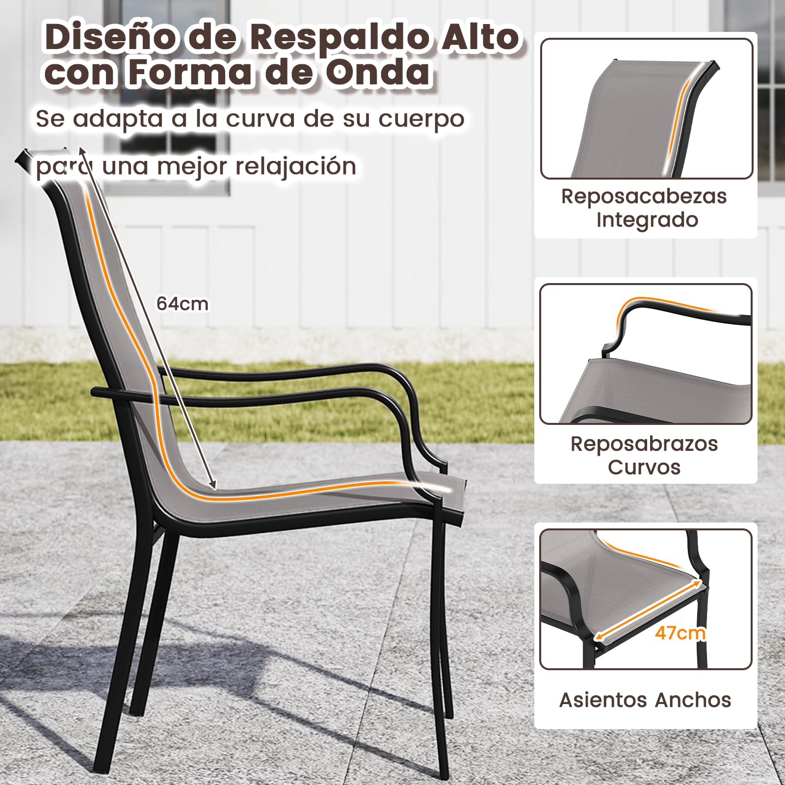 COSTWAY 2 Sillas Jardin Exterior Textilene, Sillas Comedor con Respaldo Alto y Asiento Ancho, Estructura Metálica, Terraza Balcon Exterior, 56 x 73 x 101 cm, Carga 150kg