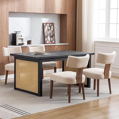 Miniatura 7 de Juego de 2 sillas de comedor modernas de mediados de siglo, sillas de comedor tapizadas de tela de lino, respaldo curvado, sillas de comedor de