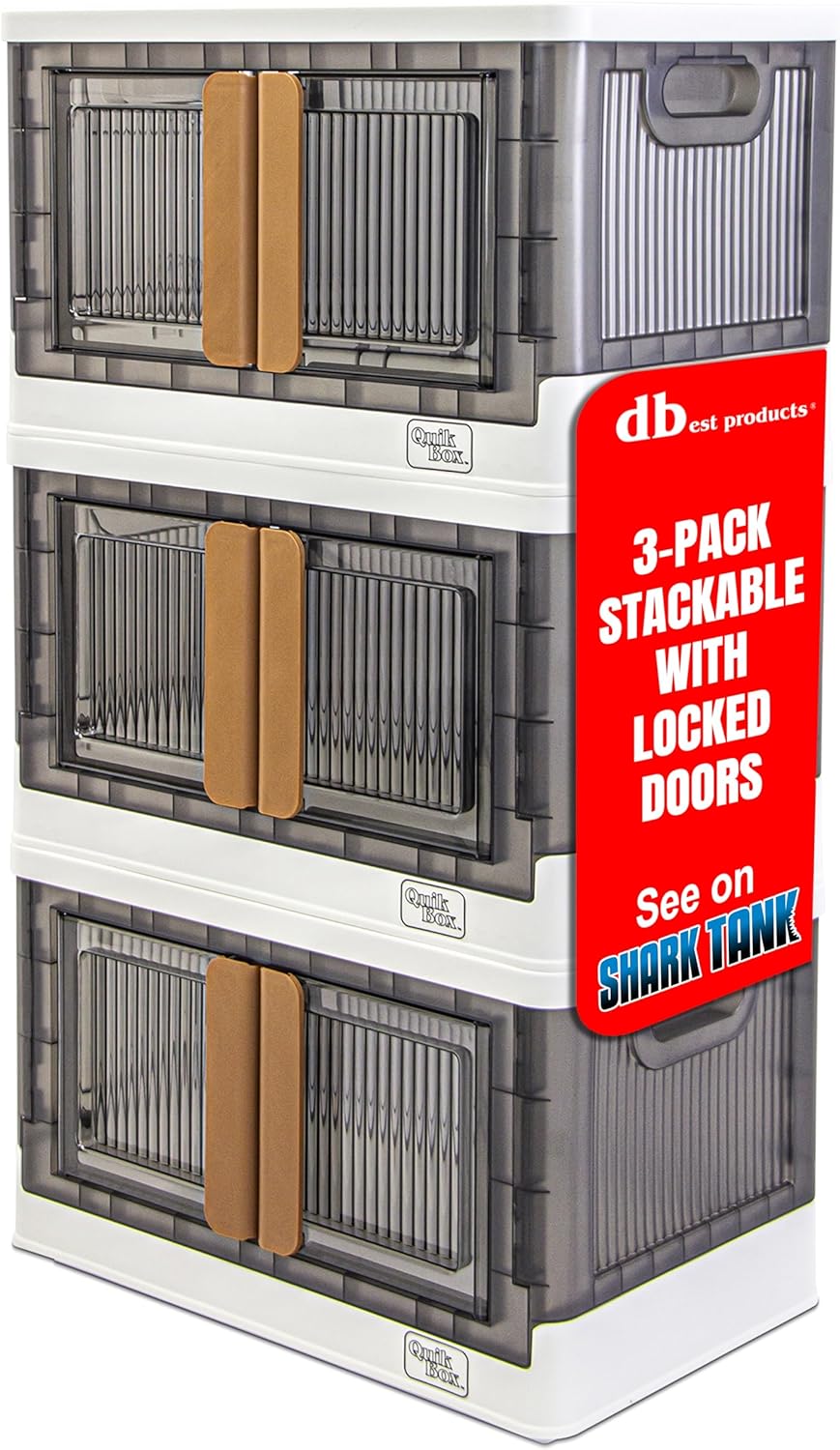 dbest products Quik Box - 8.5 Gallon 3-Pack Stackable Storage Bins with Doors & Wheels - Collapsible Organizer for Dorms, Bedroom & Home - Durable Polystyrene - White