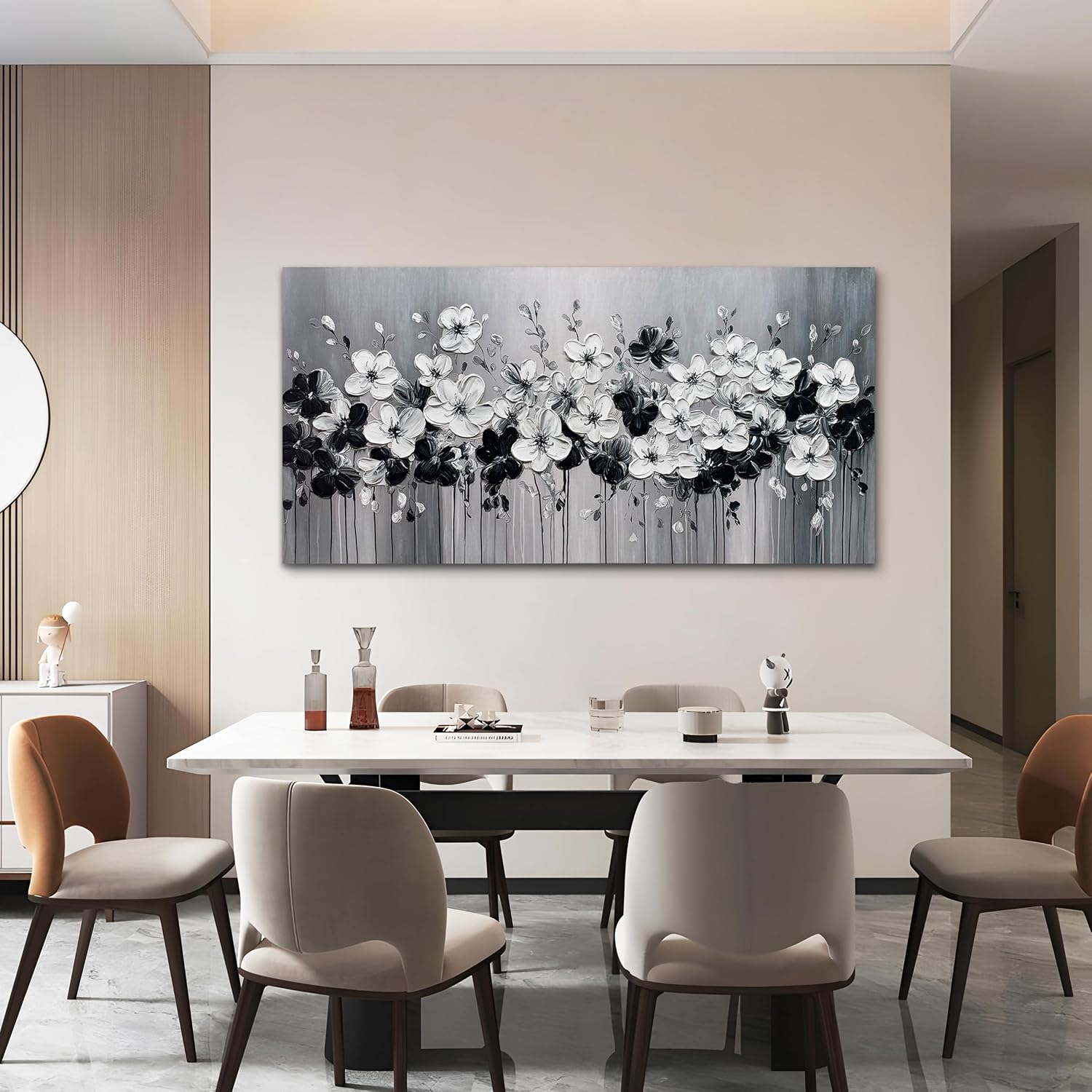 Tarfupth Black and White Flower Wall Art for Living Room Large Blossom Hand Painted Modern Floral Artwork for Bedroom Office Kitchen Home Decor 29"x58"