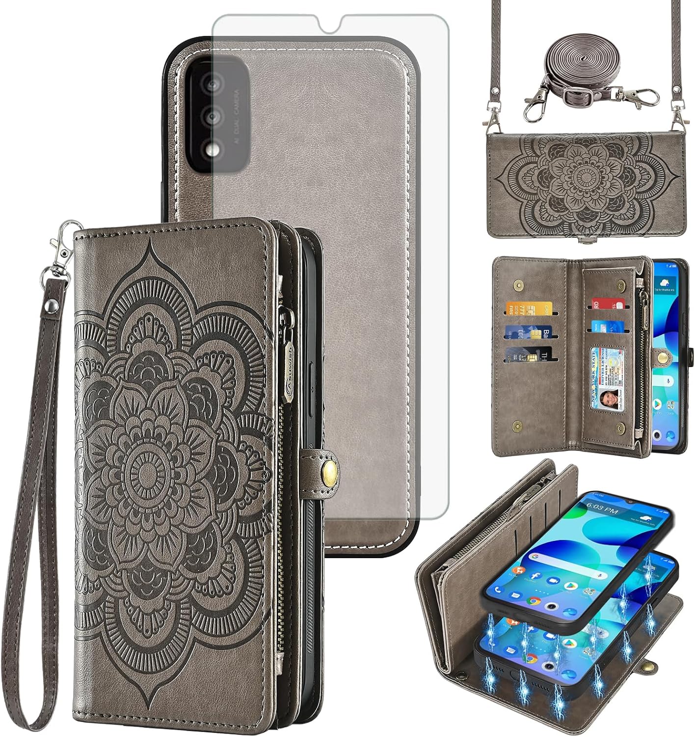 Asuwish Phone Case for TCL 30T T603DL Zipper Wallet Magnetic Detachable Cell Cover with Tempered Glass Screen Protector Crossbody Lanyard Strap Mandala Flower Card Holder TCL30T 30 T Women Girls Gray